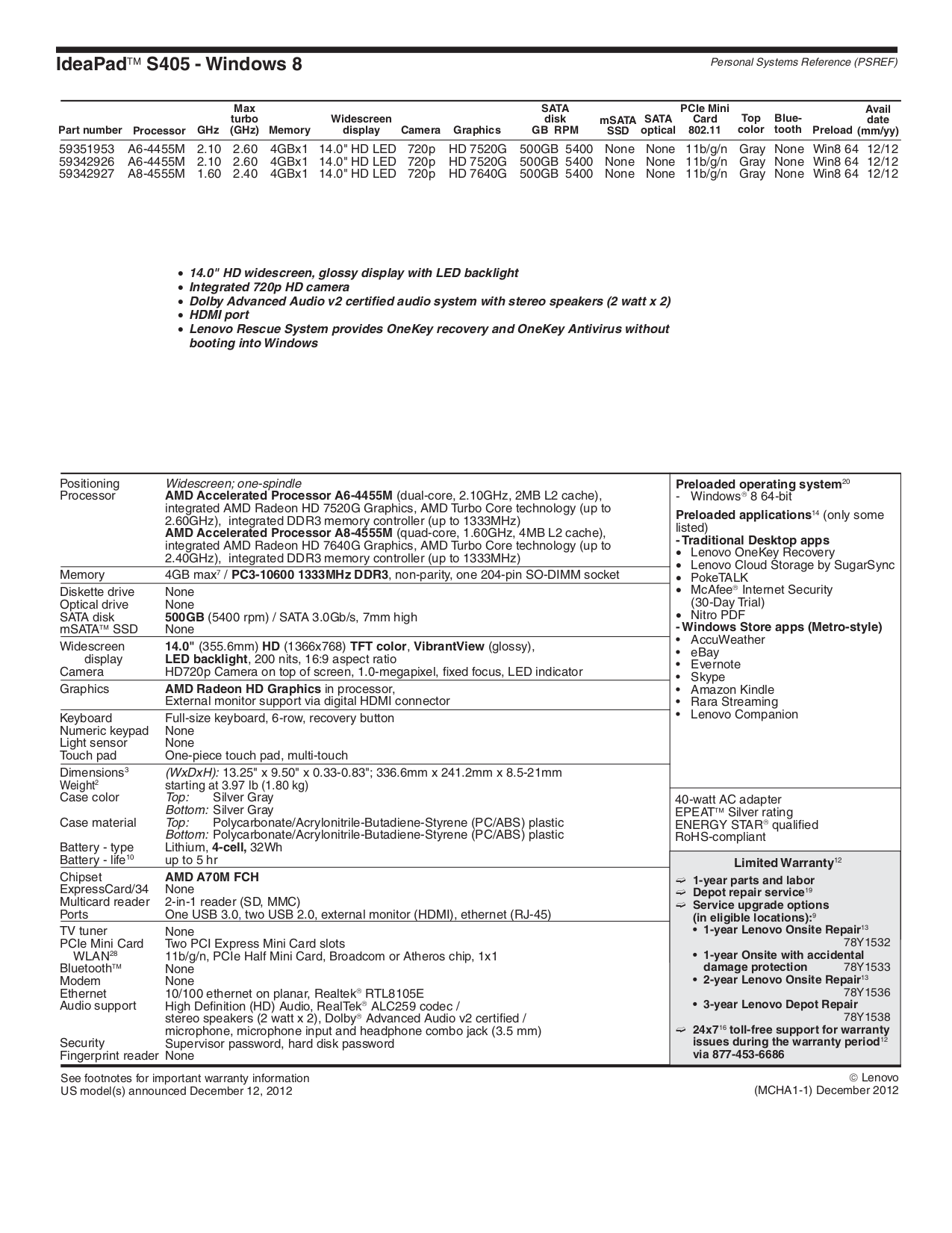 ... Lenovo Laptop IdeaPad S10-2 2957 pdf page preview