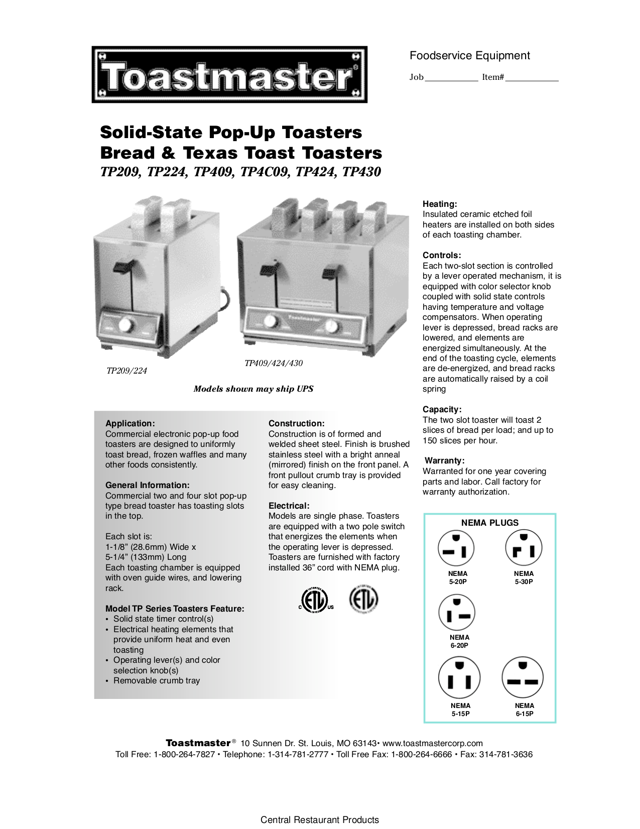 Download free pdf for Toastmaster TP424 Toaster Other manual