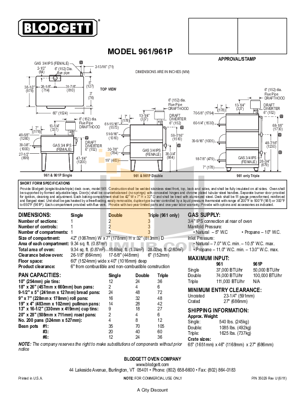 PDF manual for Blodgett Oven 961P SINGLE