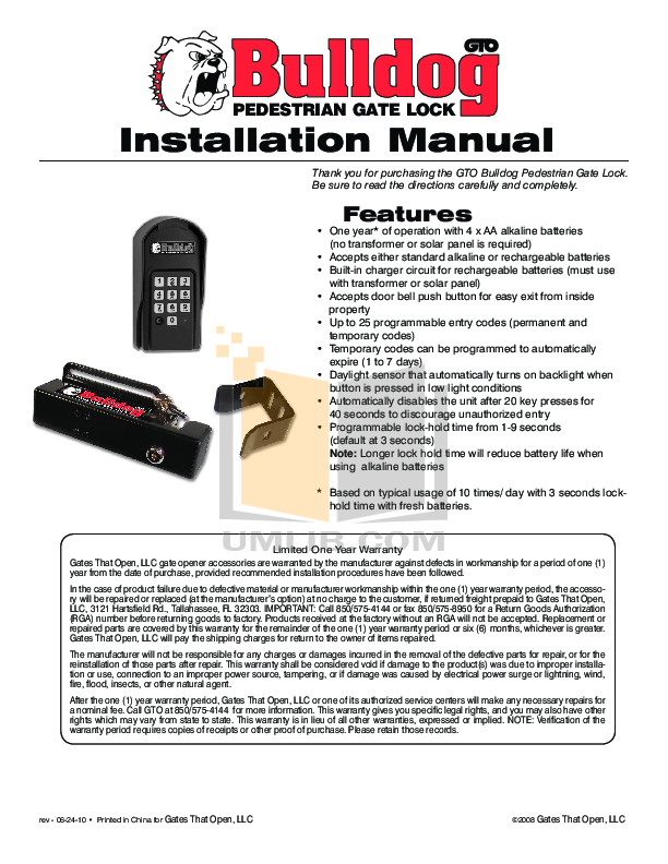 Download Free Pdf For Gto Fm145 Automatic Gate Lock Other Manual