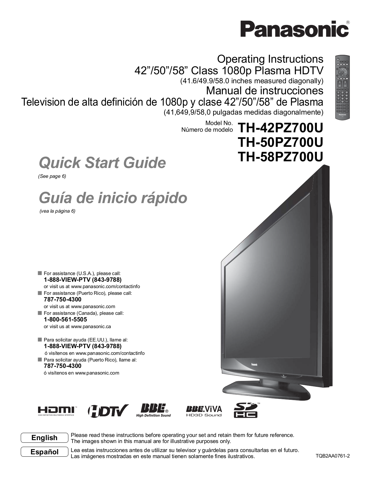 Download free pdf for Panasonic Viera TH-50PZ700 TV manual
