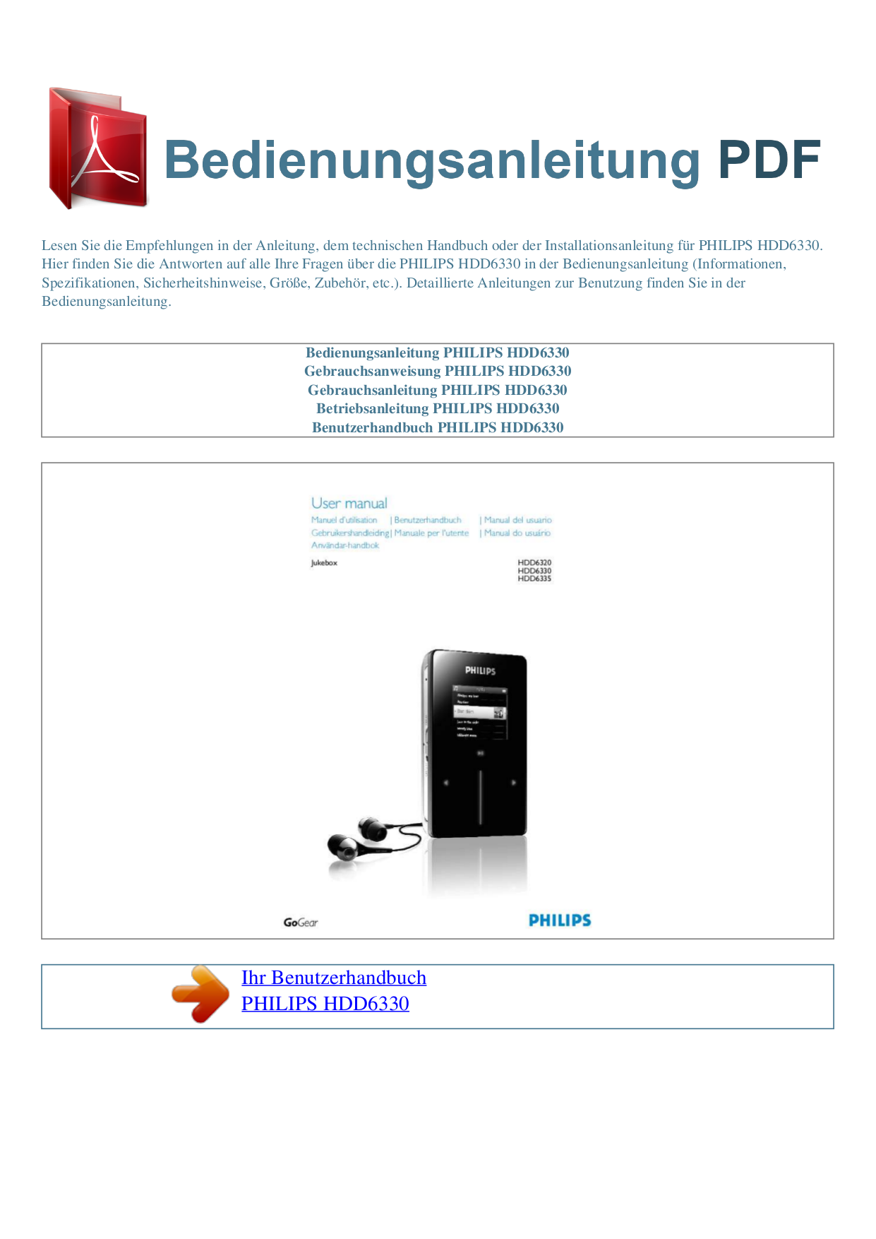 pdf for Philips MP3 Player HDD6330 manual