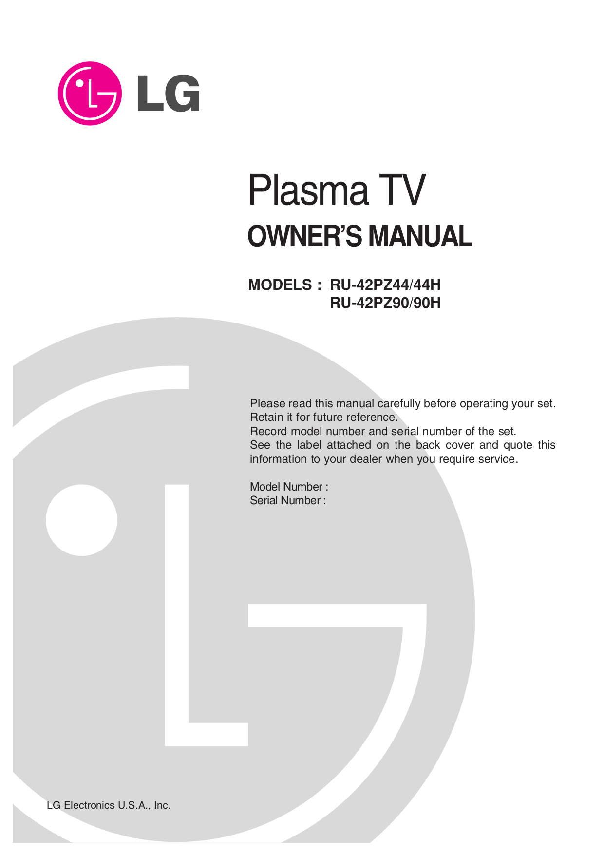 LG TV RU-42PZ90 pdf page preview ...