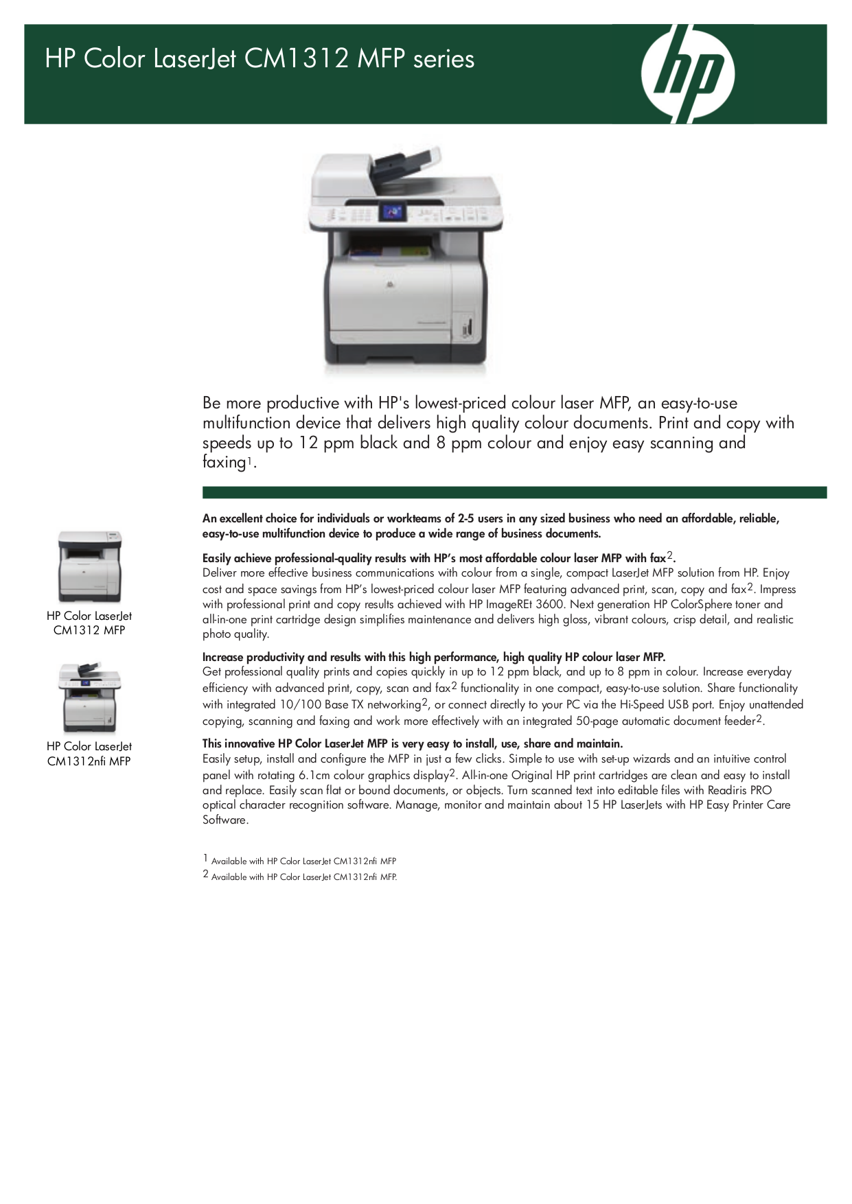 pdf for HP Multifunction Printer Laserjet,Color Laserjet CM1312 manual