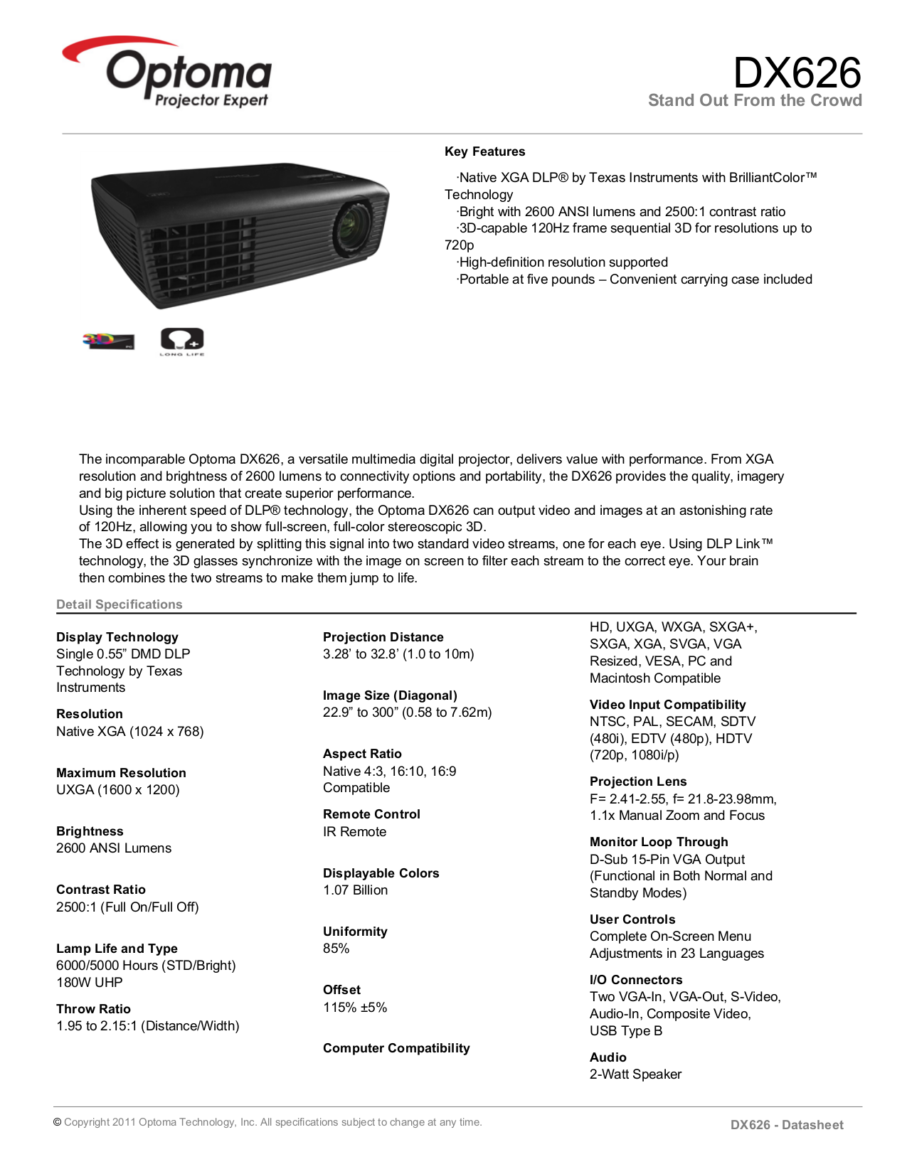 Download free pdf for Optoma DX626 Projector manual