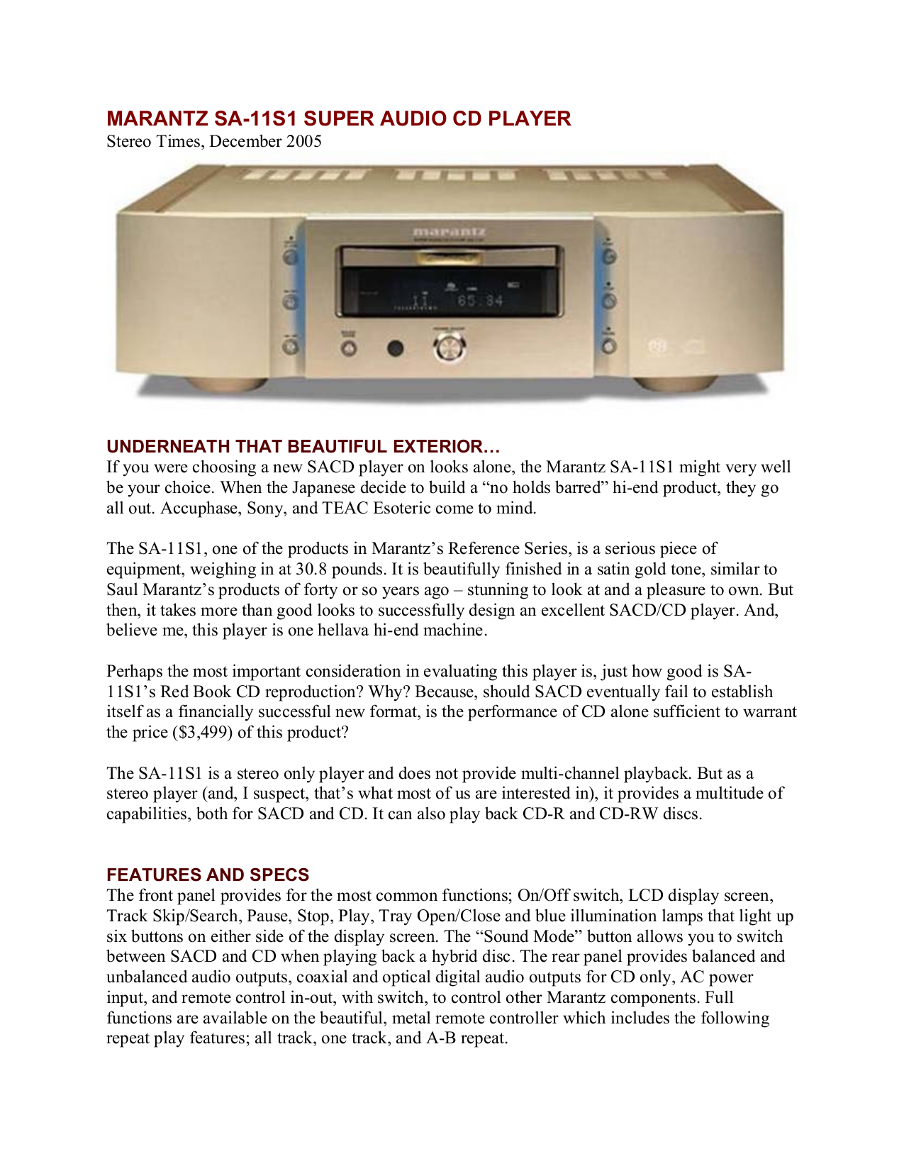 pdf for Marantz CD Player SA-11S1 manual