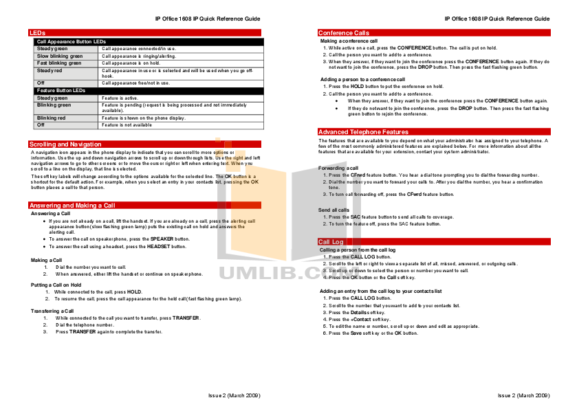 PDF manual for Avaya Telephone oneX 1608