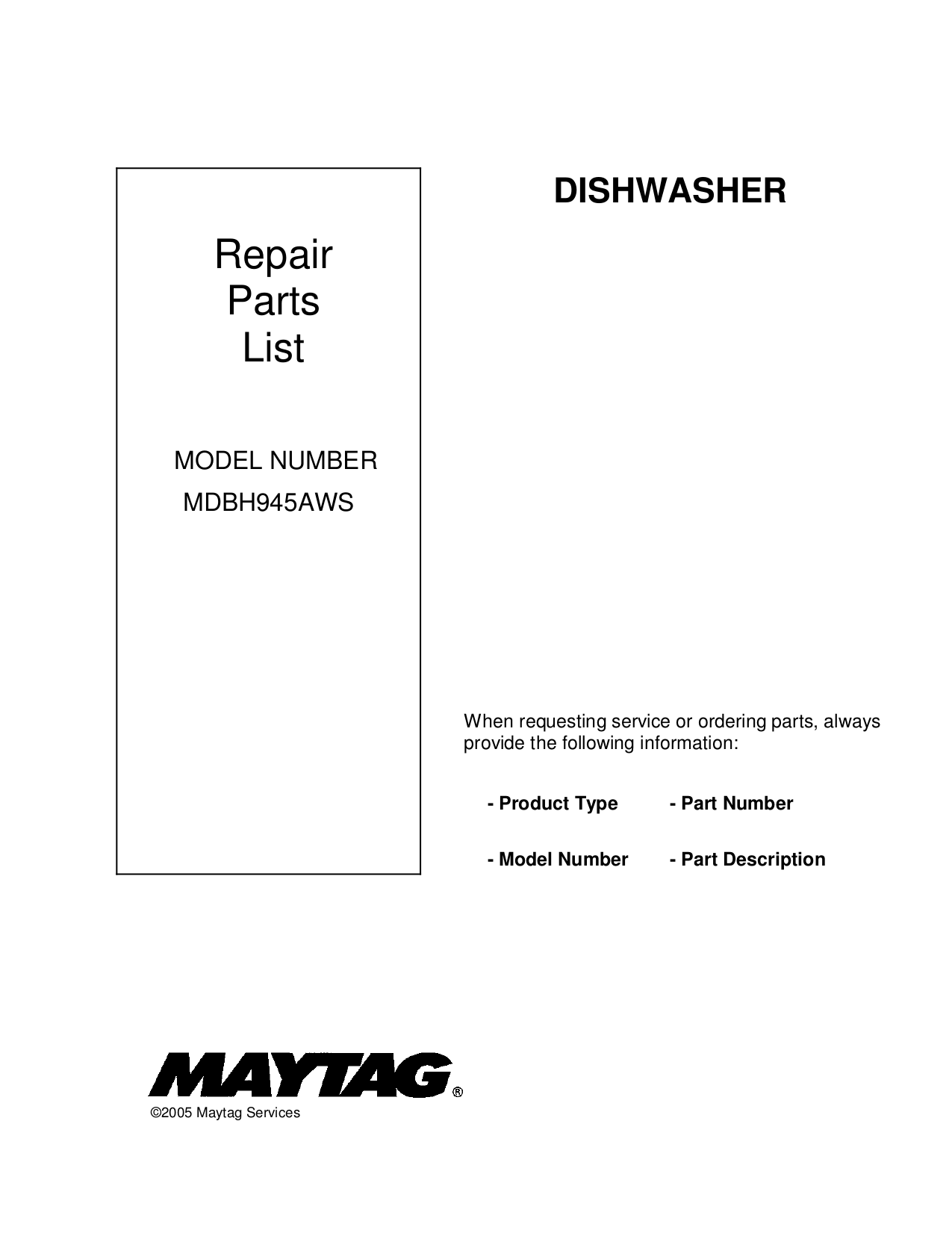 pdf for Maytag Dishwasher MDBH945AW manual