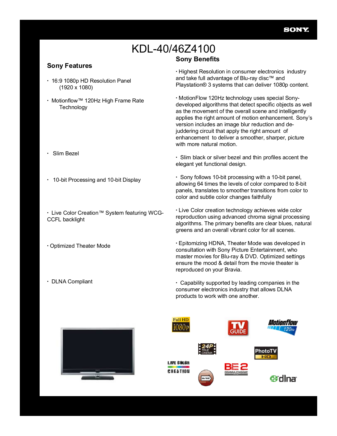 pdf for Sony TV BRAVIA KDL-40Z4100 manual