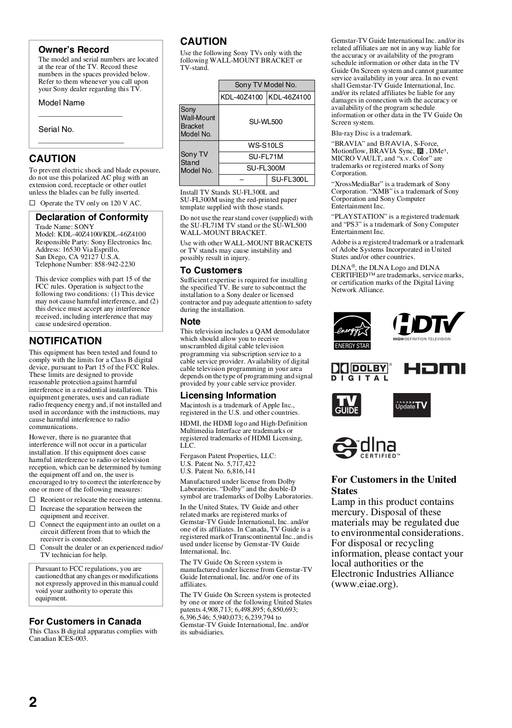 ... Sony TV BRAVIA KDL-40Z4100 pdf page preview ...