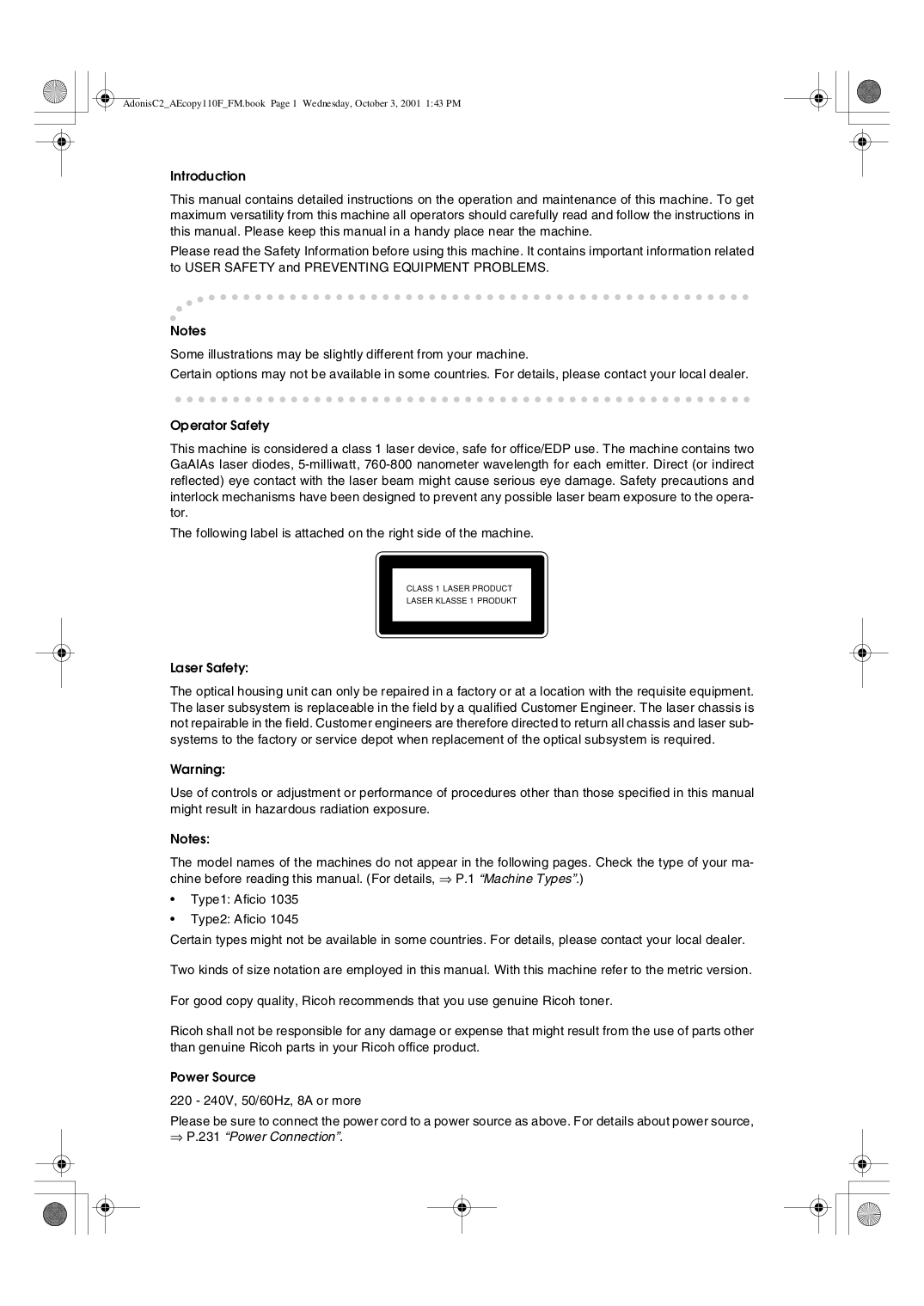 ... Ricoh Multifunction Printer Aficio 1035 pdf page preview ...