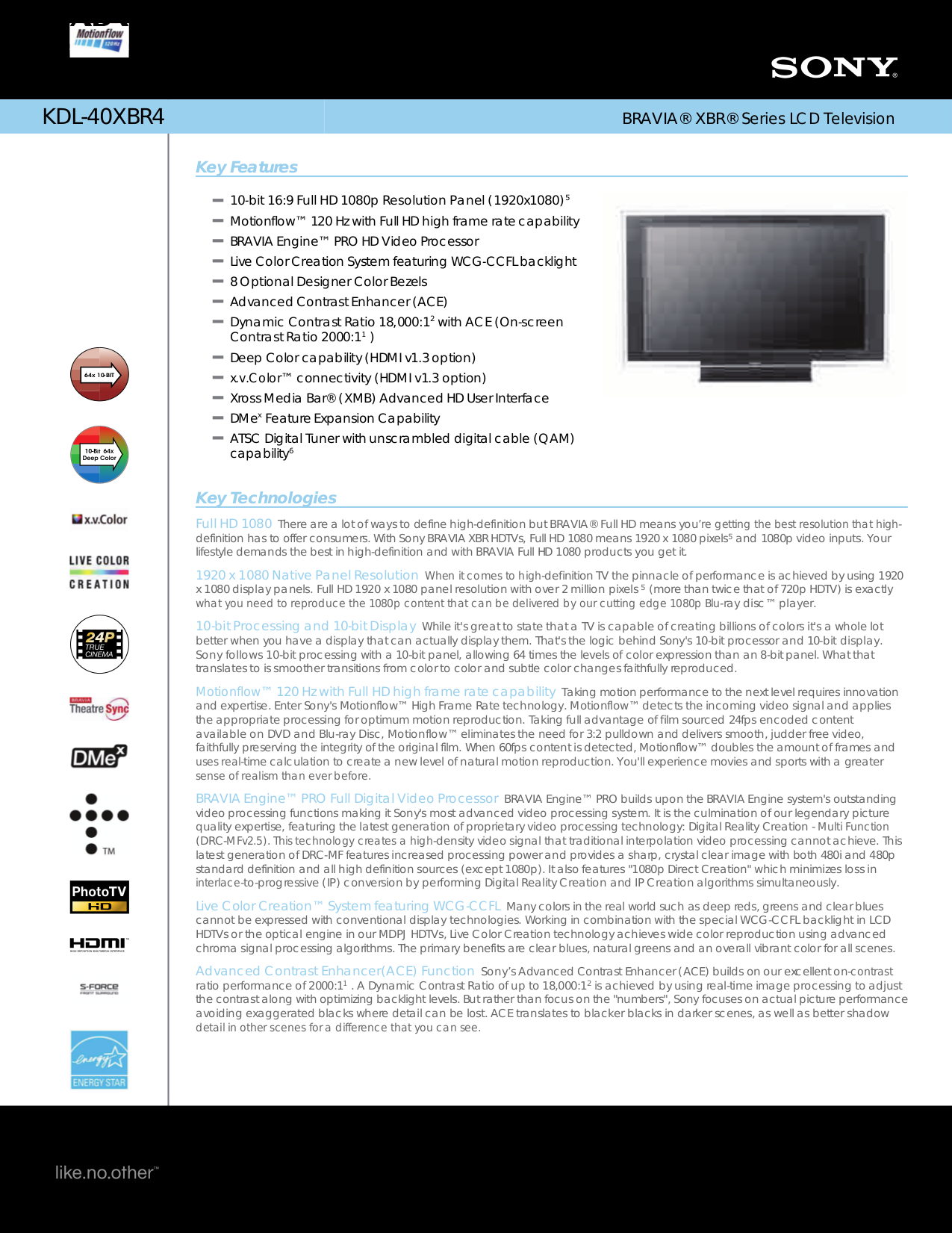 pdf for Sony TV BRAVIA KDL-40XBR4 manual