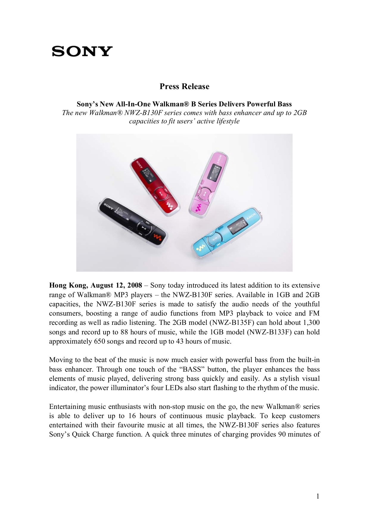 Download free pdf for Sony Walkman NWZB133F MP3 Player manual