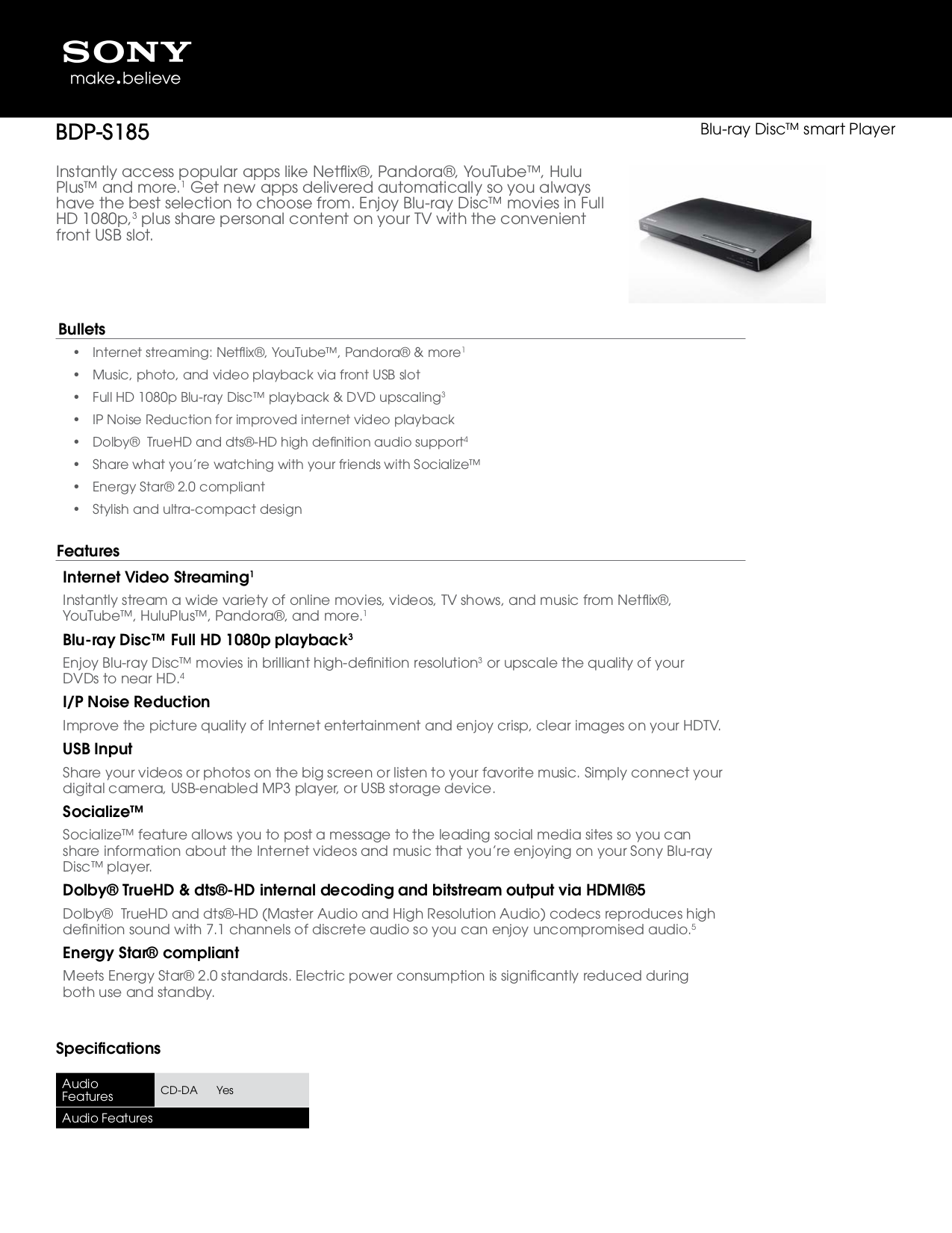 pdf for Sony DVD Players BDP-S185 manual
