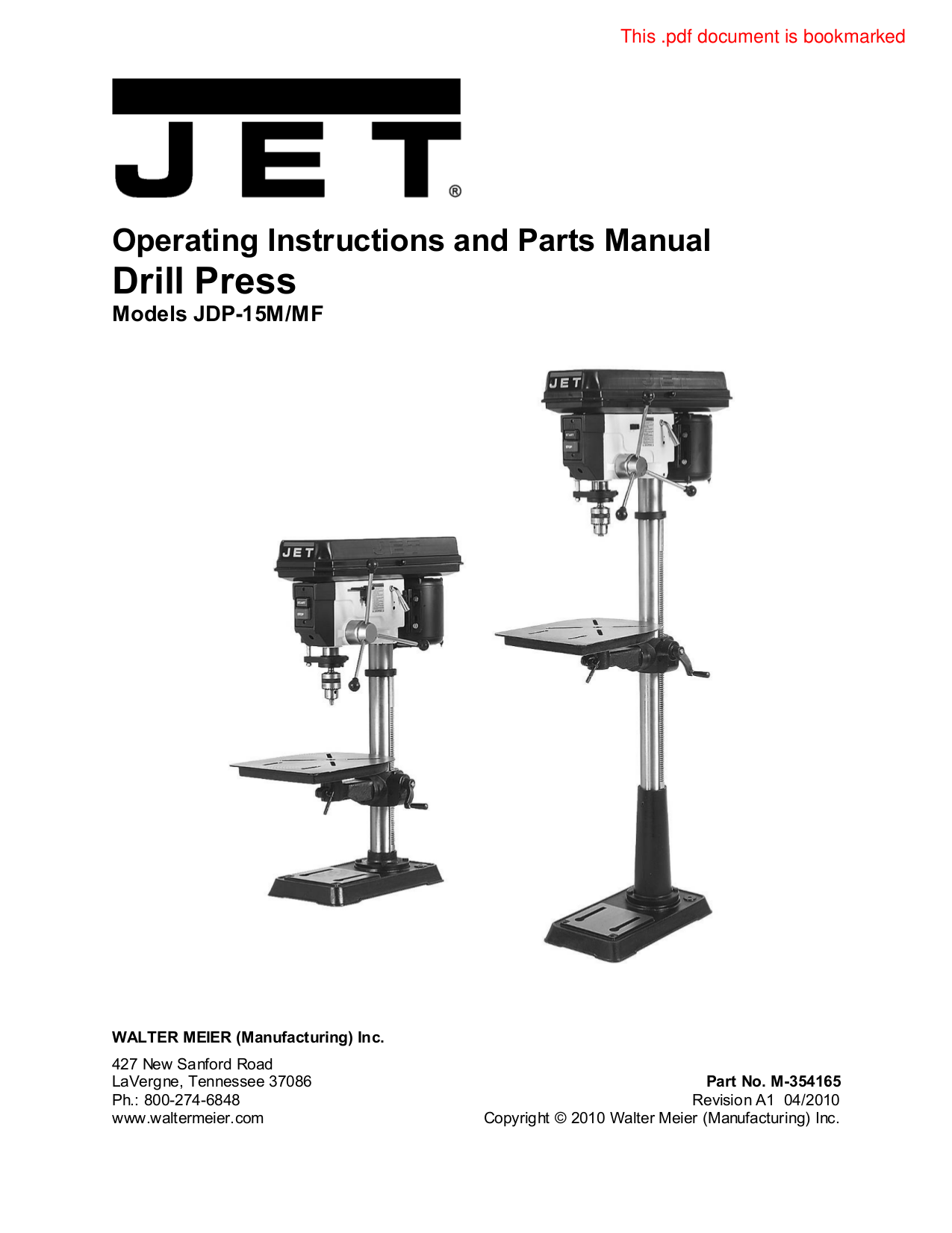 Download free pdf for Jet JDP15M Drill Press Other manual
