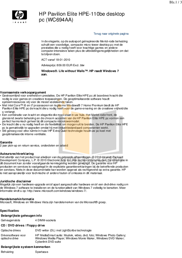 Download free pdf for HP Pavilion Elite HPE-110 Desktop manual