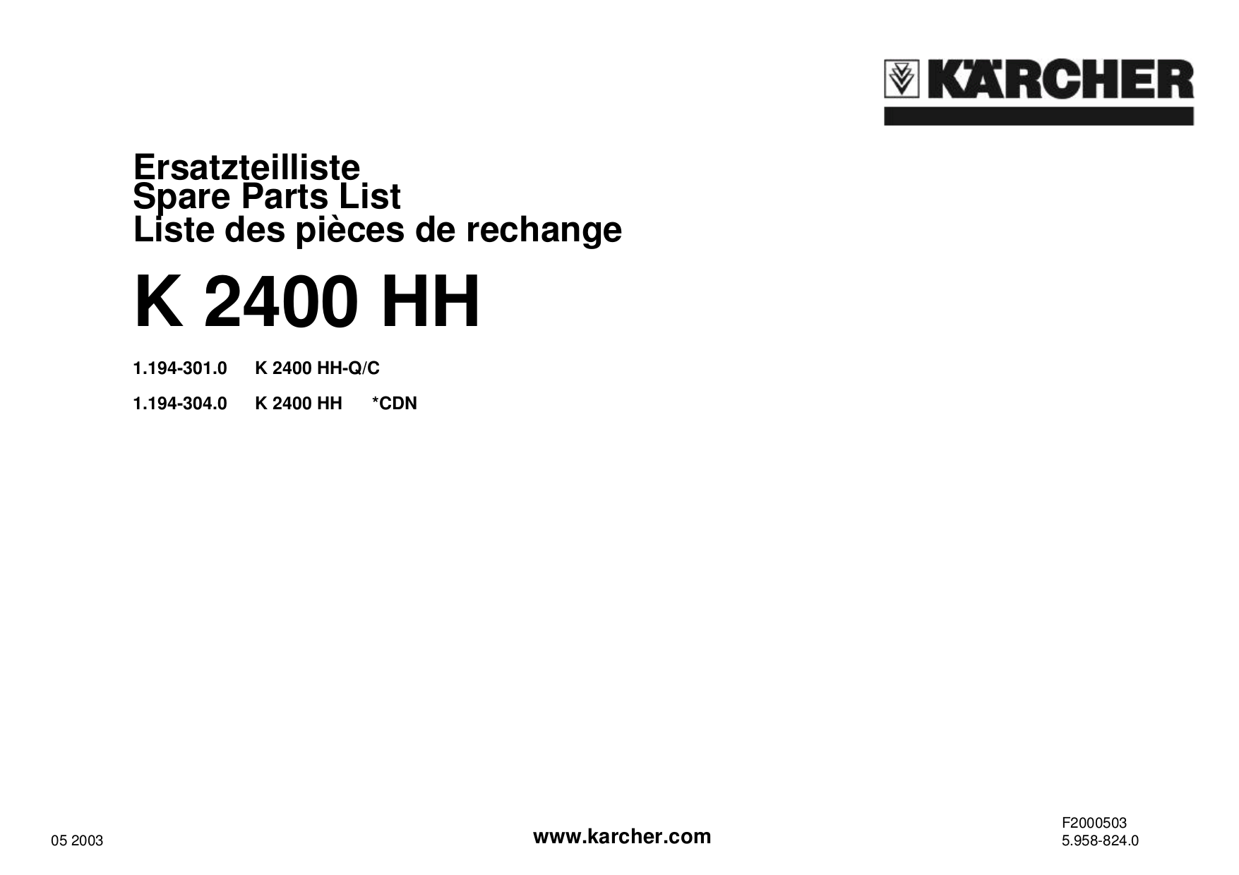 pdf for Karcher Other K 2400 HH Pressure Washers manual