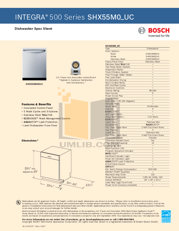 Download free pdf for Bosch Integra SHX55M05UC Dishwasher manual