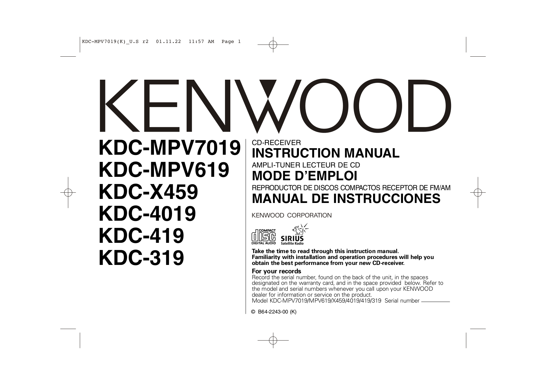 pdf for Kenwood Car Receiver KDC-319 manual