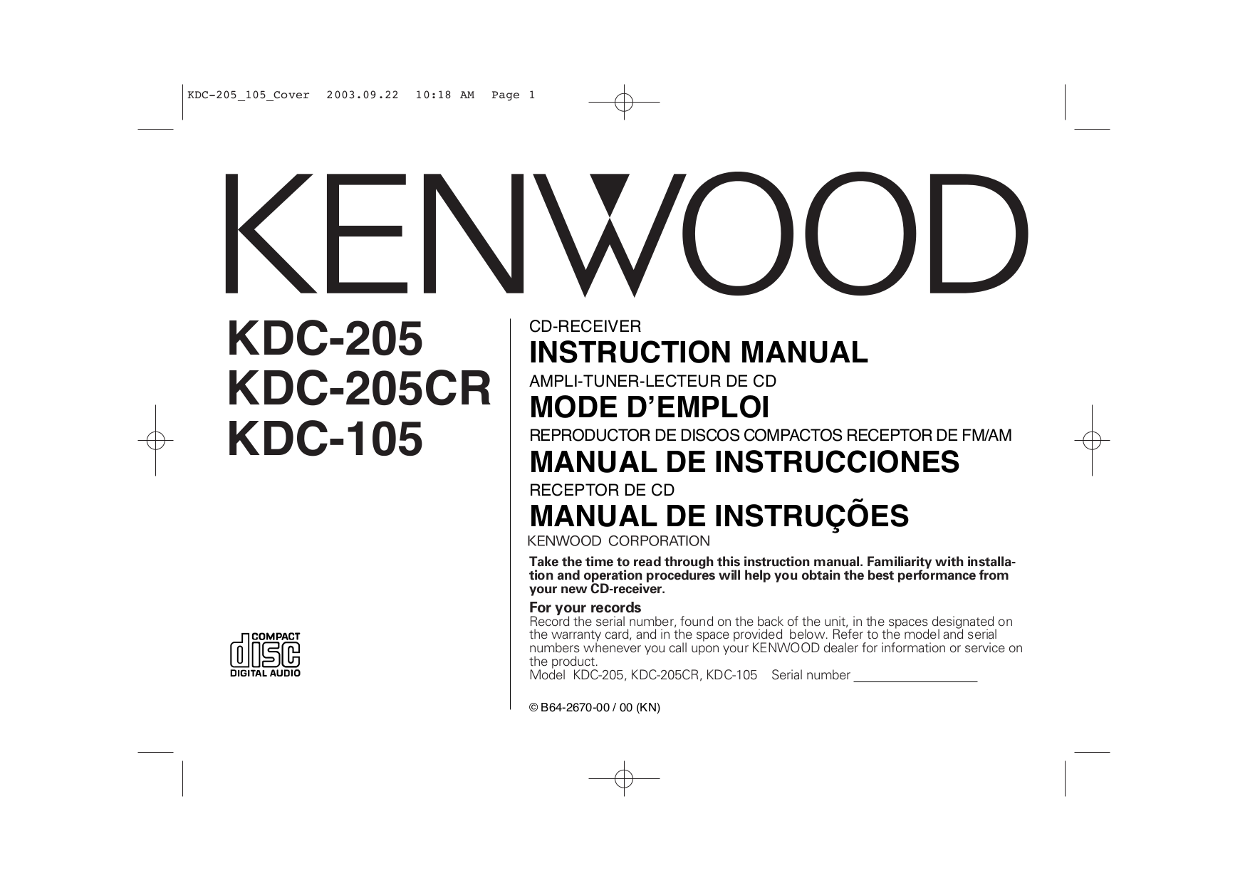 pdf for Kenwood Car Receiver KDC-205 manual