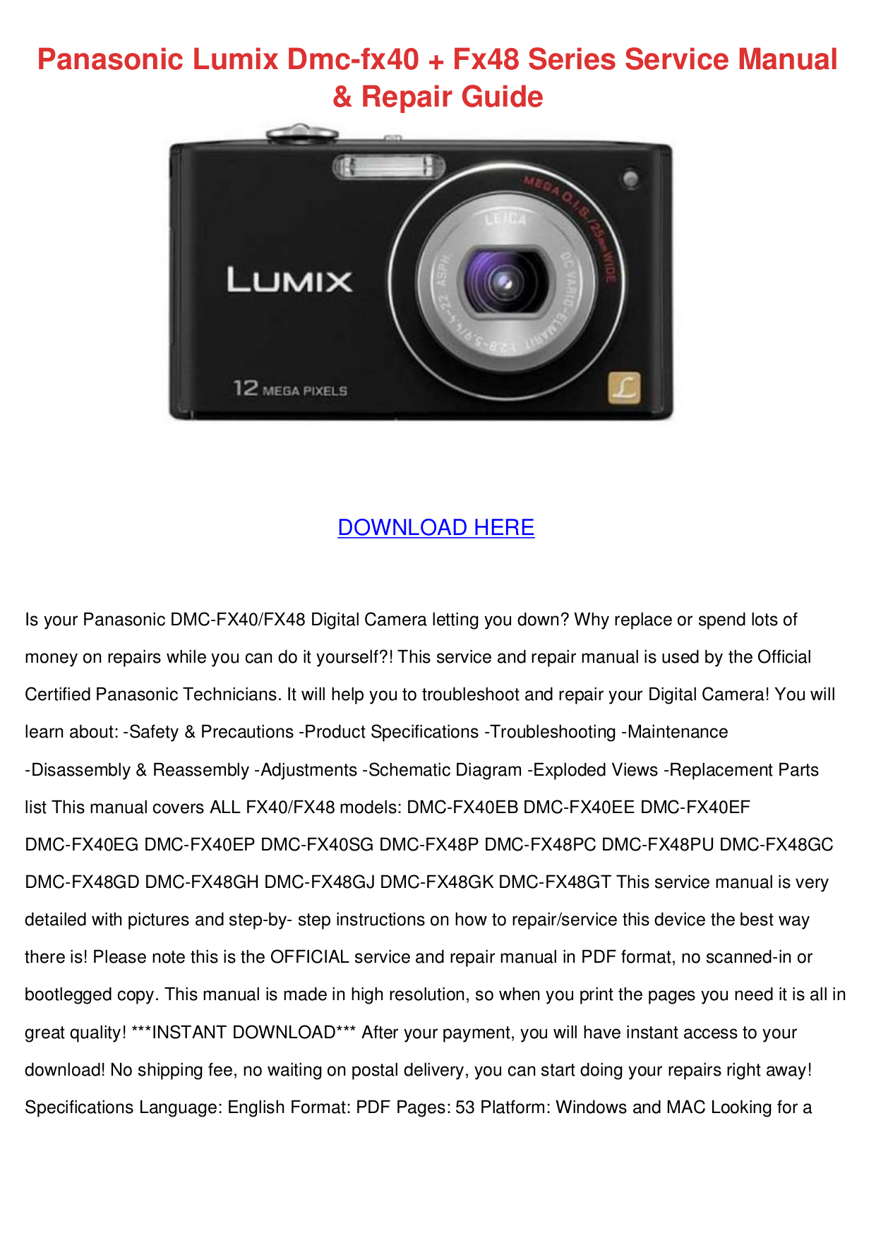 Panasonic Digital Camera Lumix DMC-FX48 pdf page preview ...