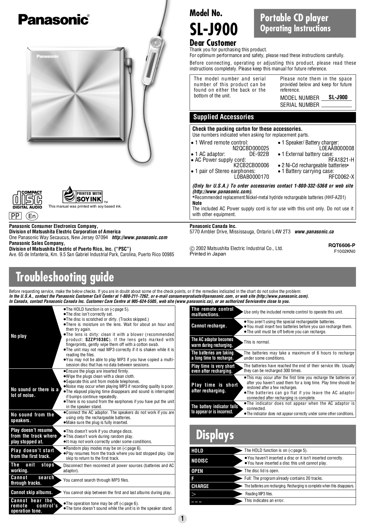 pdf for Panasonic CD Player SL-J900 manual