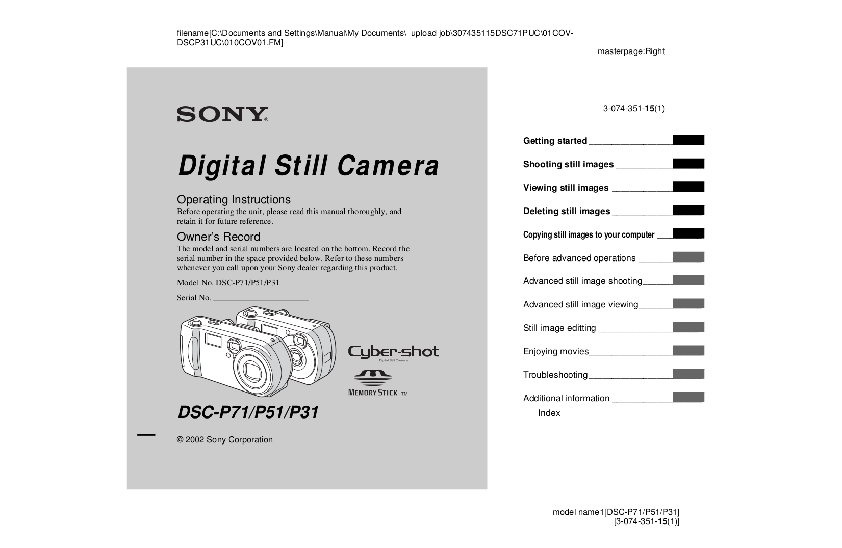 Sony Digital Camera Cybershot,Cyber-shot DSC-P31 pdf page preview ...