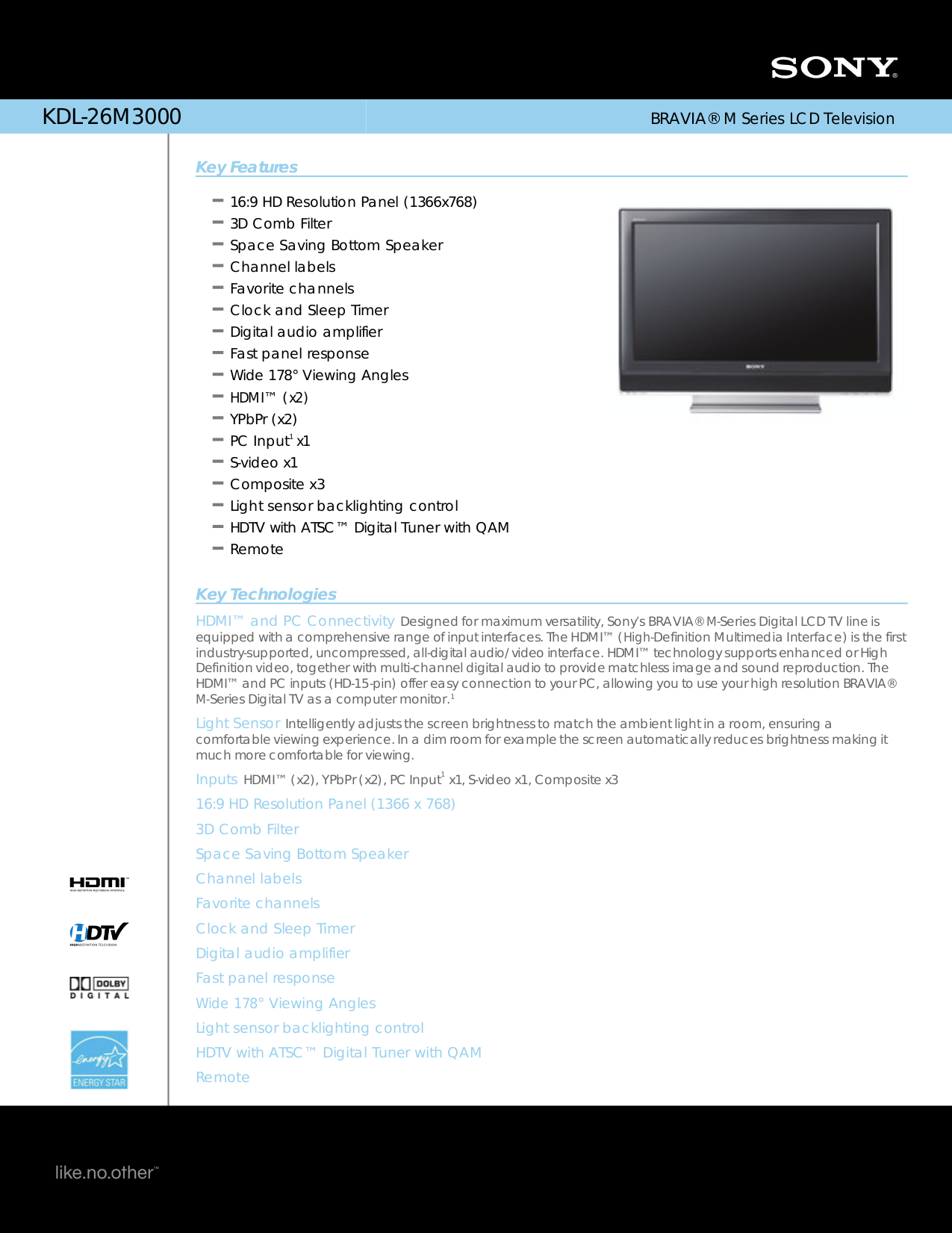 pdf for Sony TV BRAVIA KDL-26M3000 manual