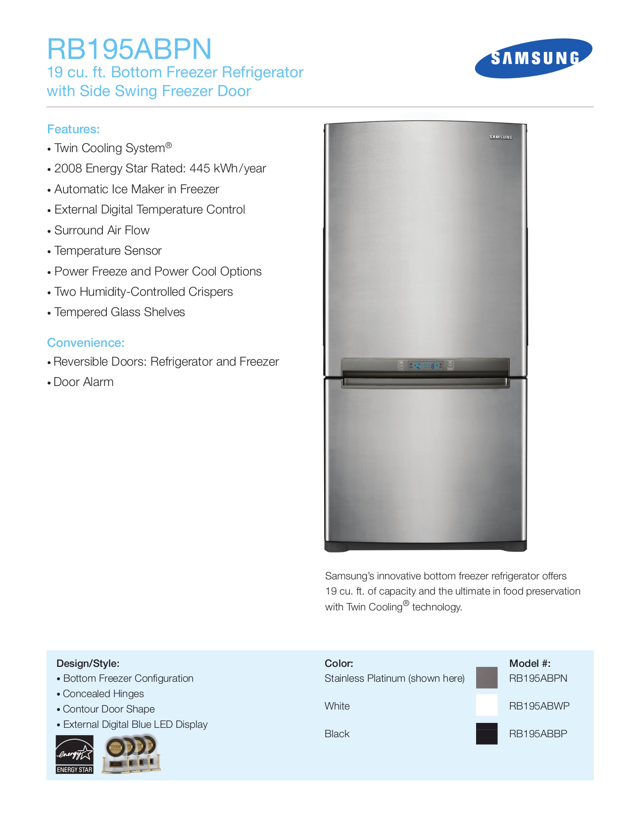 Download free pdf for Samsung RB195AB Refrigerator manual