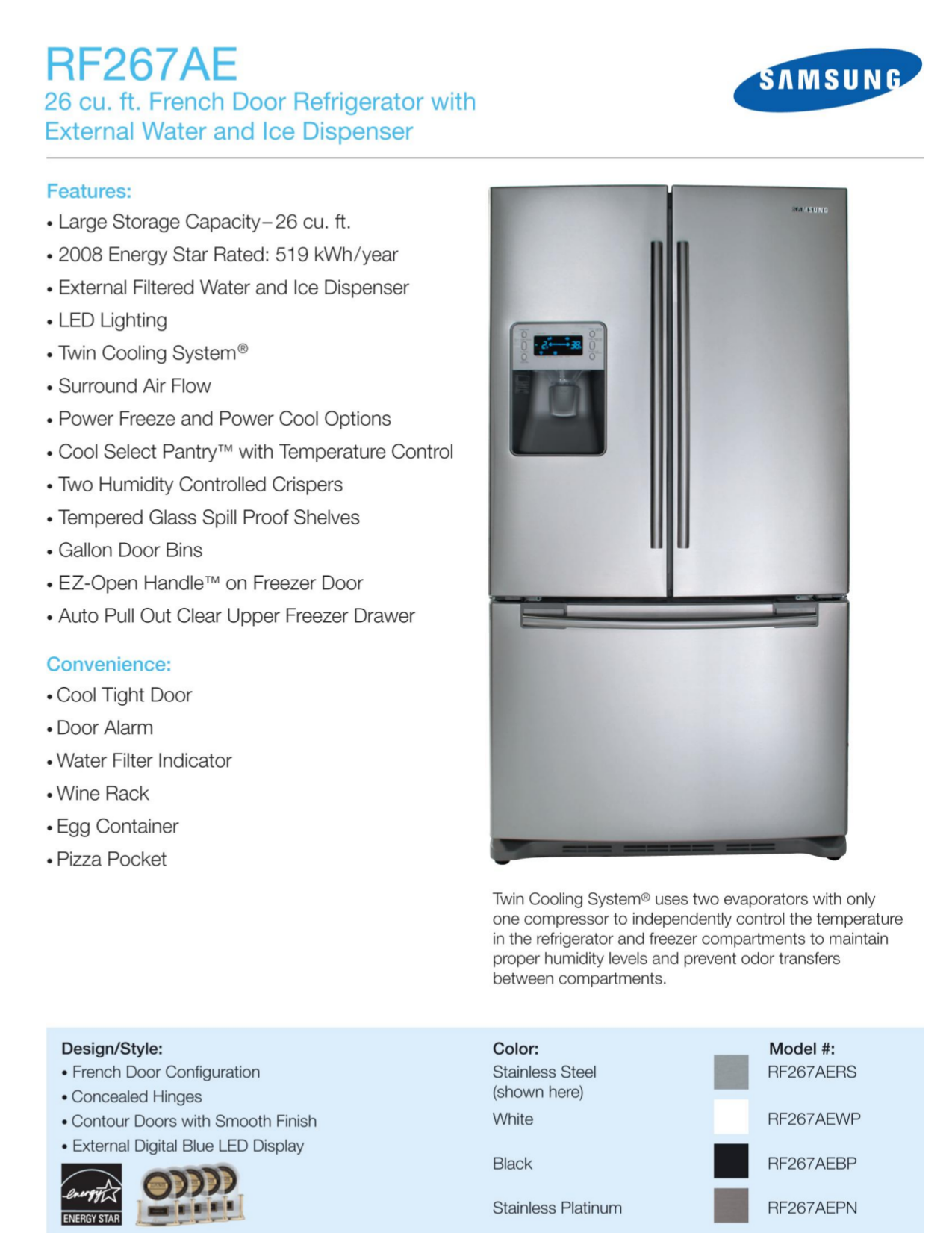 Download free pdf for Samsung RF267AERS Refrigerator manual