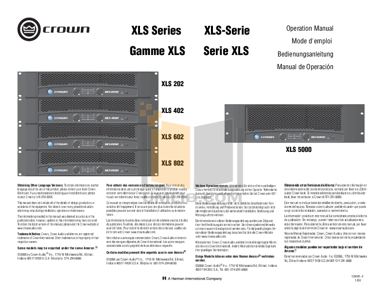 Download free pdf for Crown XLS 802 Amp manual