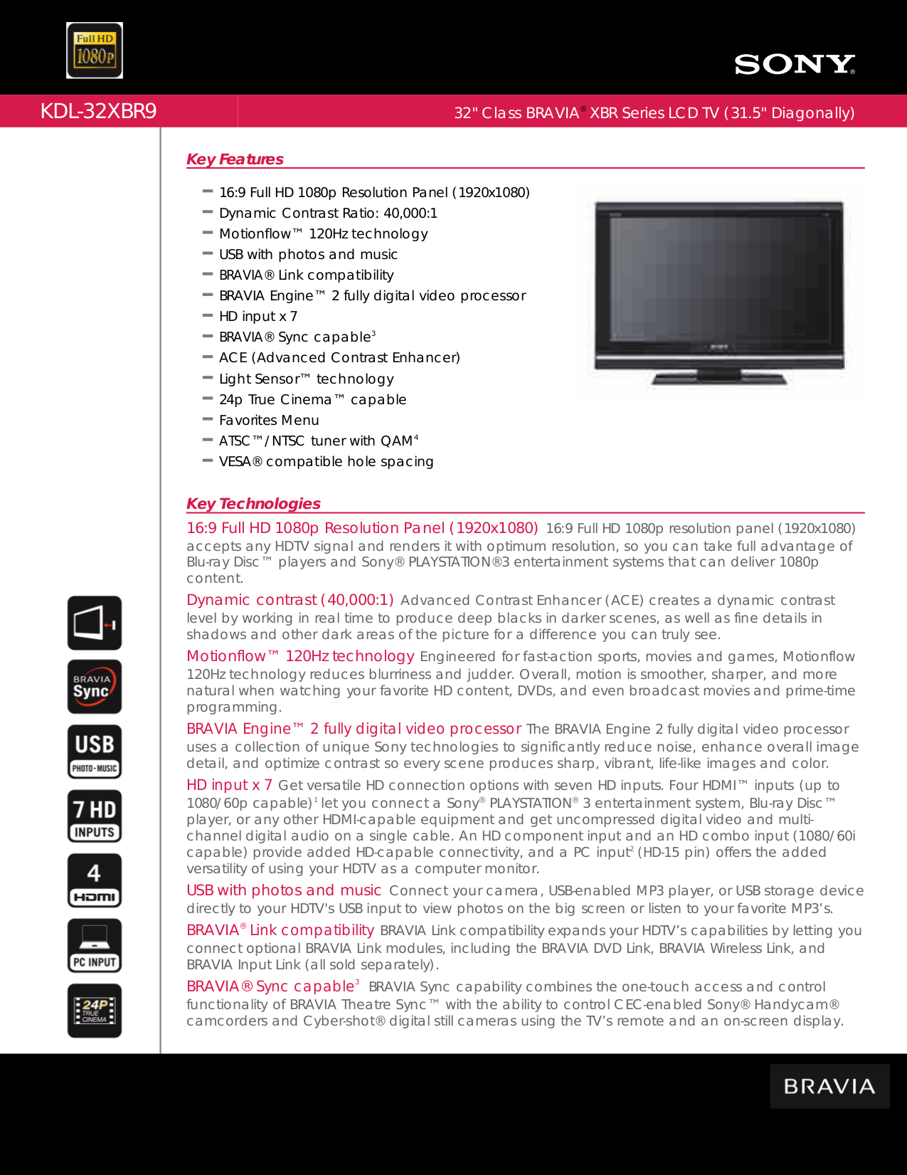 pdf for Sony TV BRAVIA KDL-32XBR9 manual