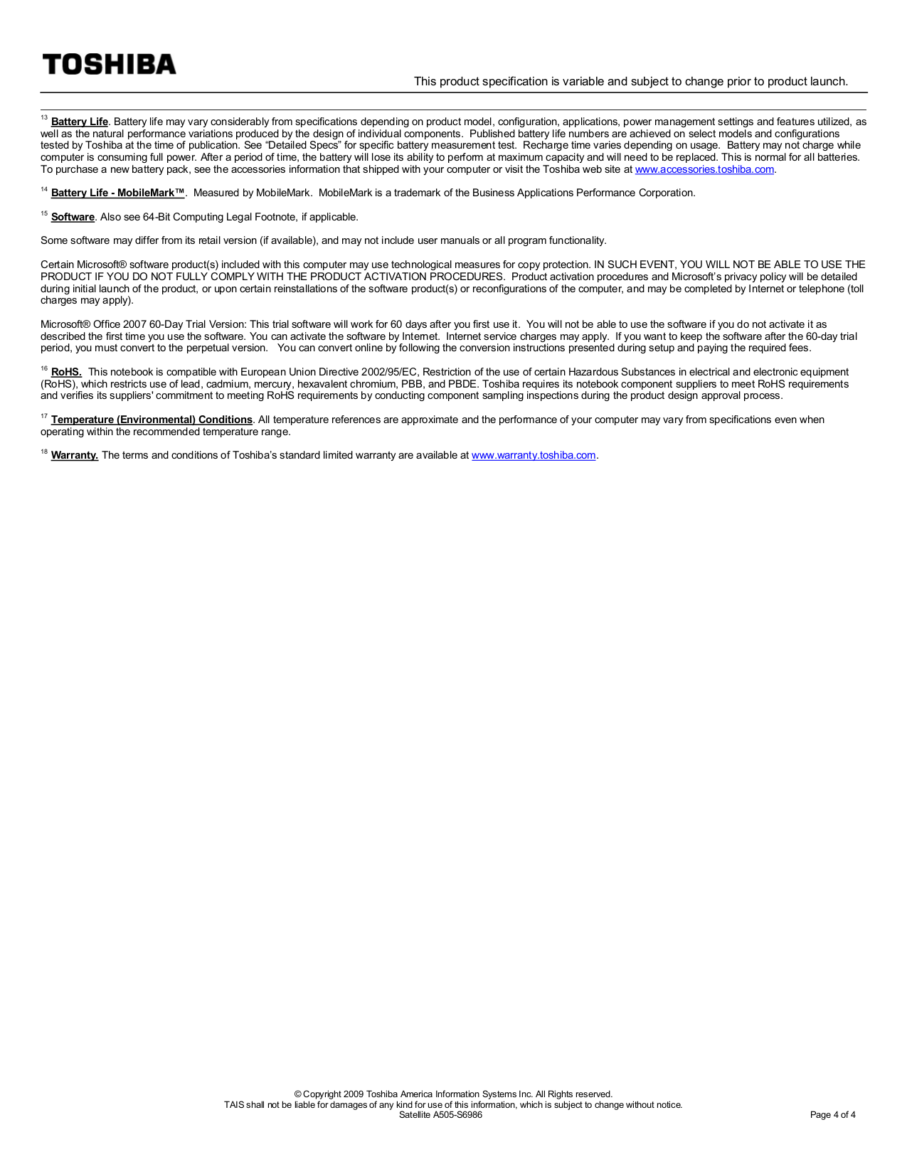 ... Toshiba Laptop Satellite A505-S6986 pdf page preview