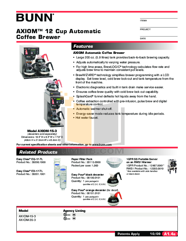 Download free pdf for Bunn AXIOM 35-3 Coffee Maker manual