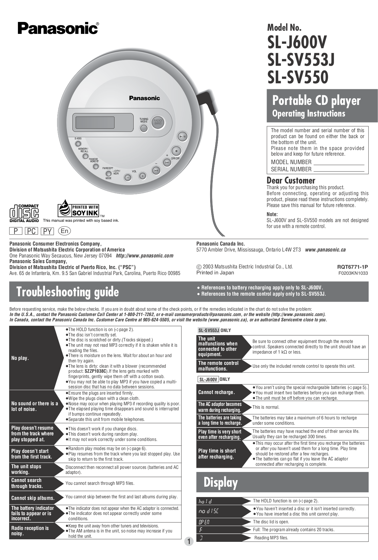 pdf for Panasonic CD Player SL-SV550 manual