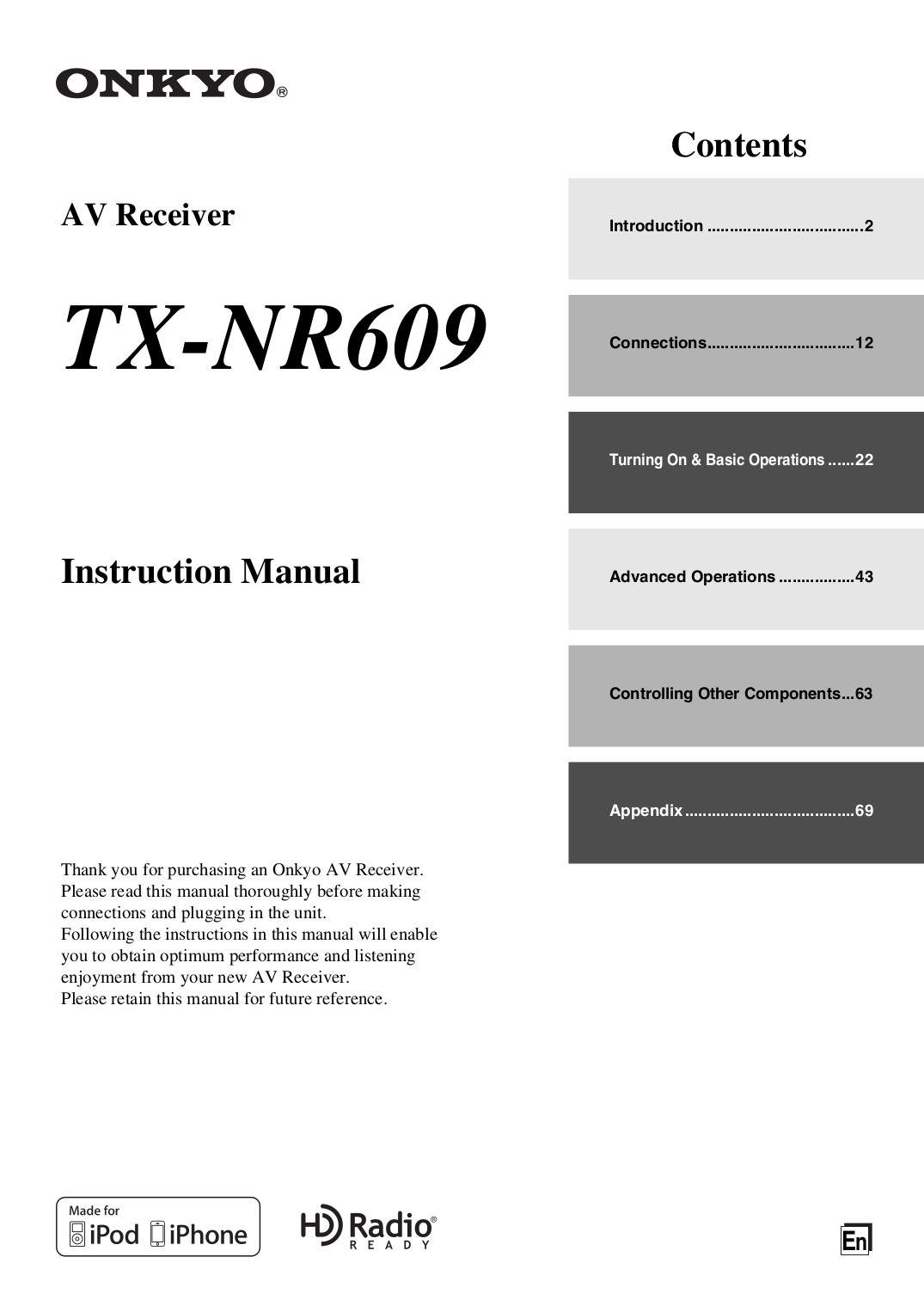 pdf for Onkyo Receiver TX-NR609 manual