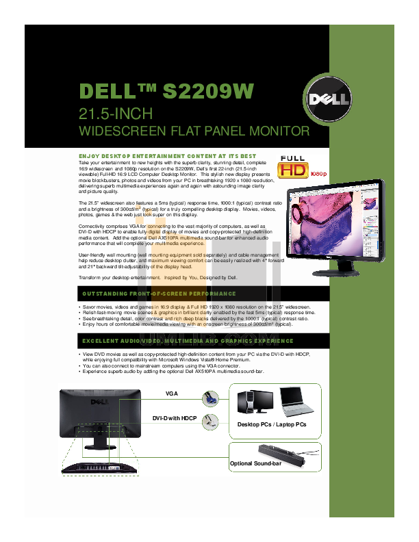 Download free pdf for Dell S2209W Monitor manual
