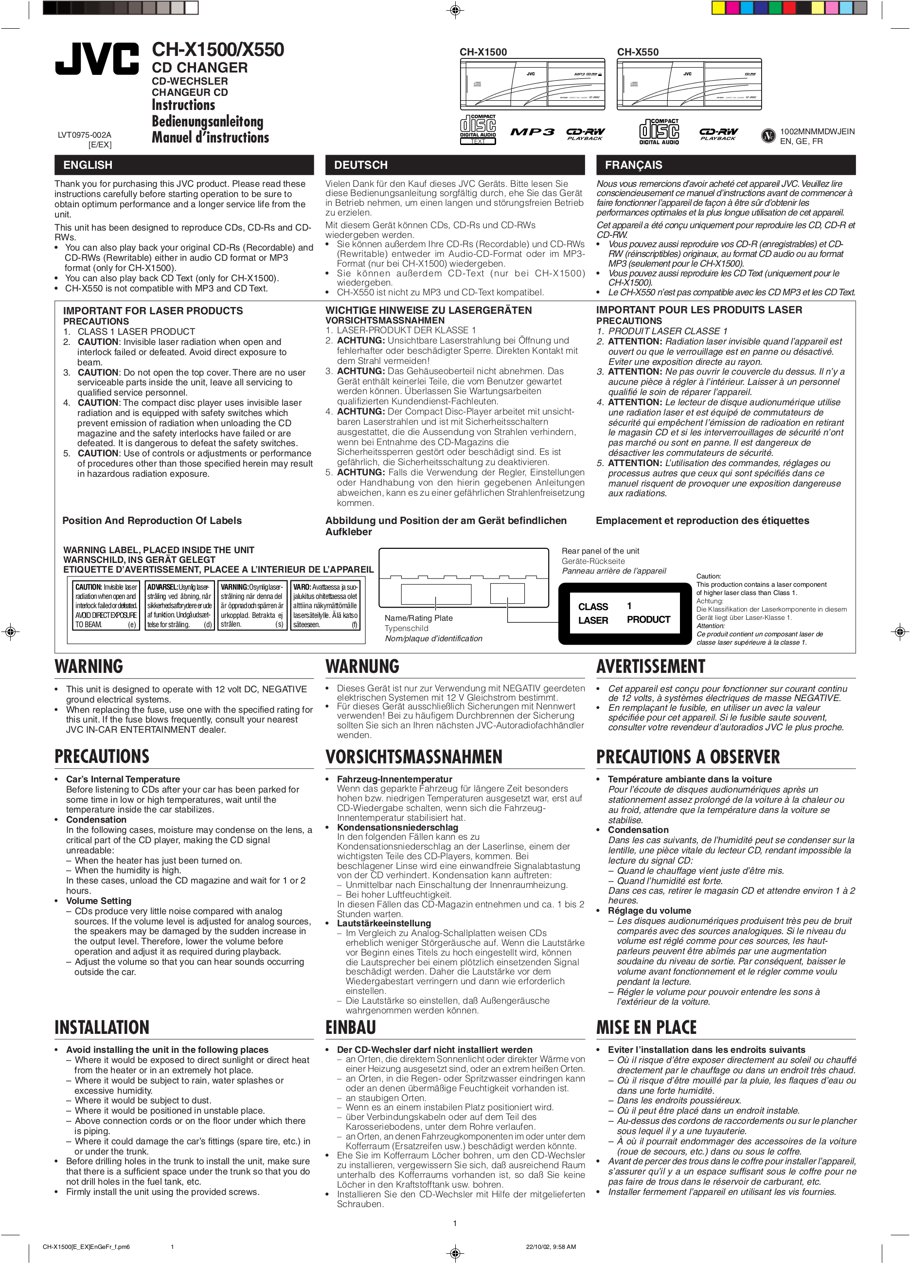 pdf for JVC CD Player CH-X1500RF manual