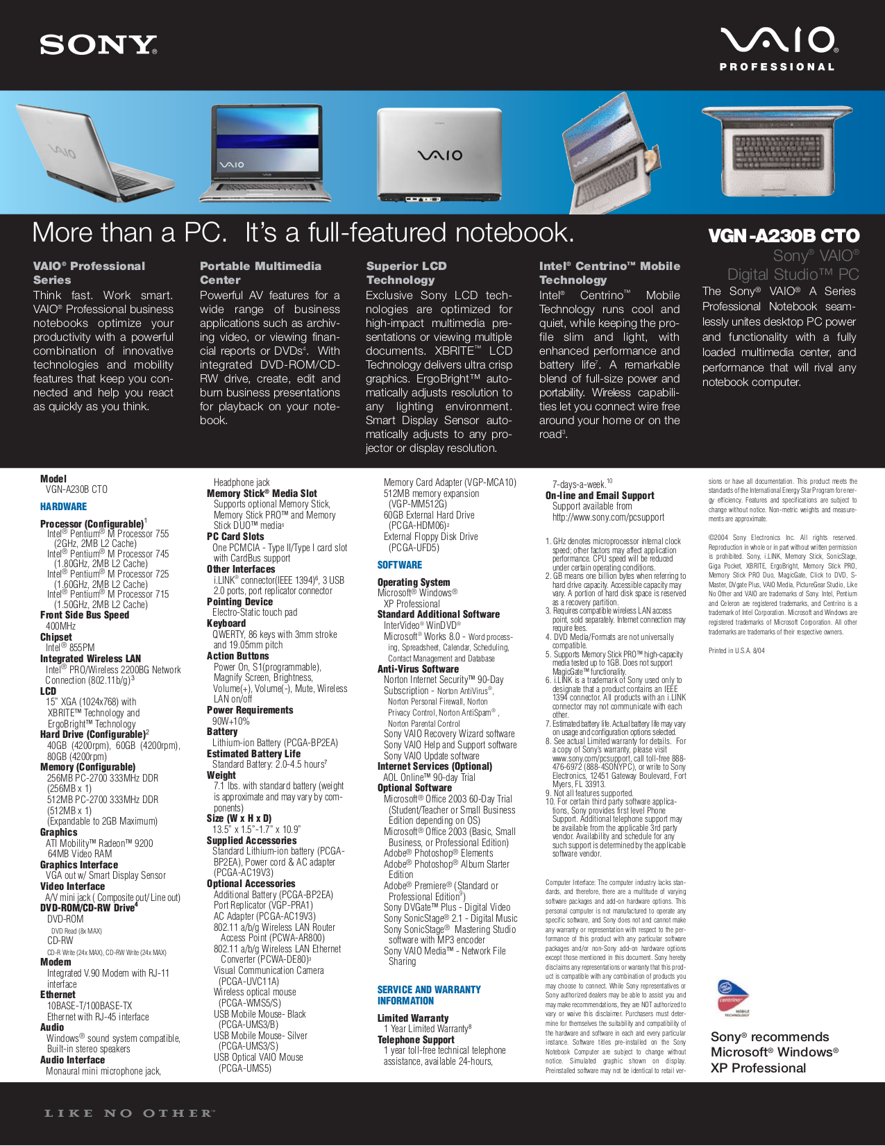 pdf for Sony Laptop VAIO VGN-A230B manual