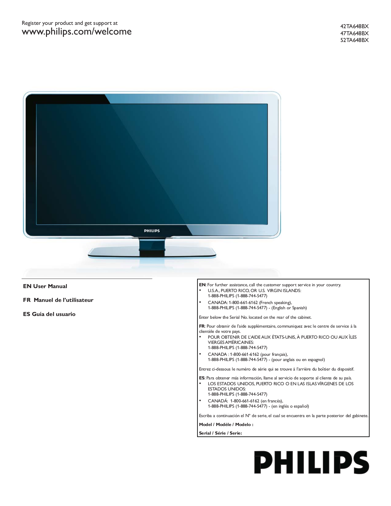 pdf for Philips TV 52TA648BX manual