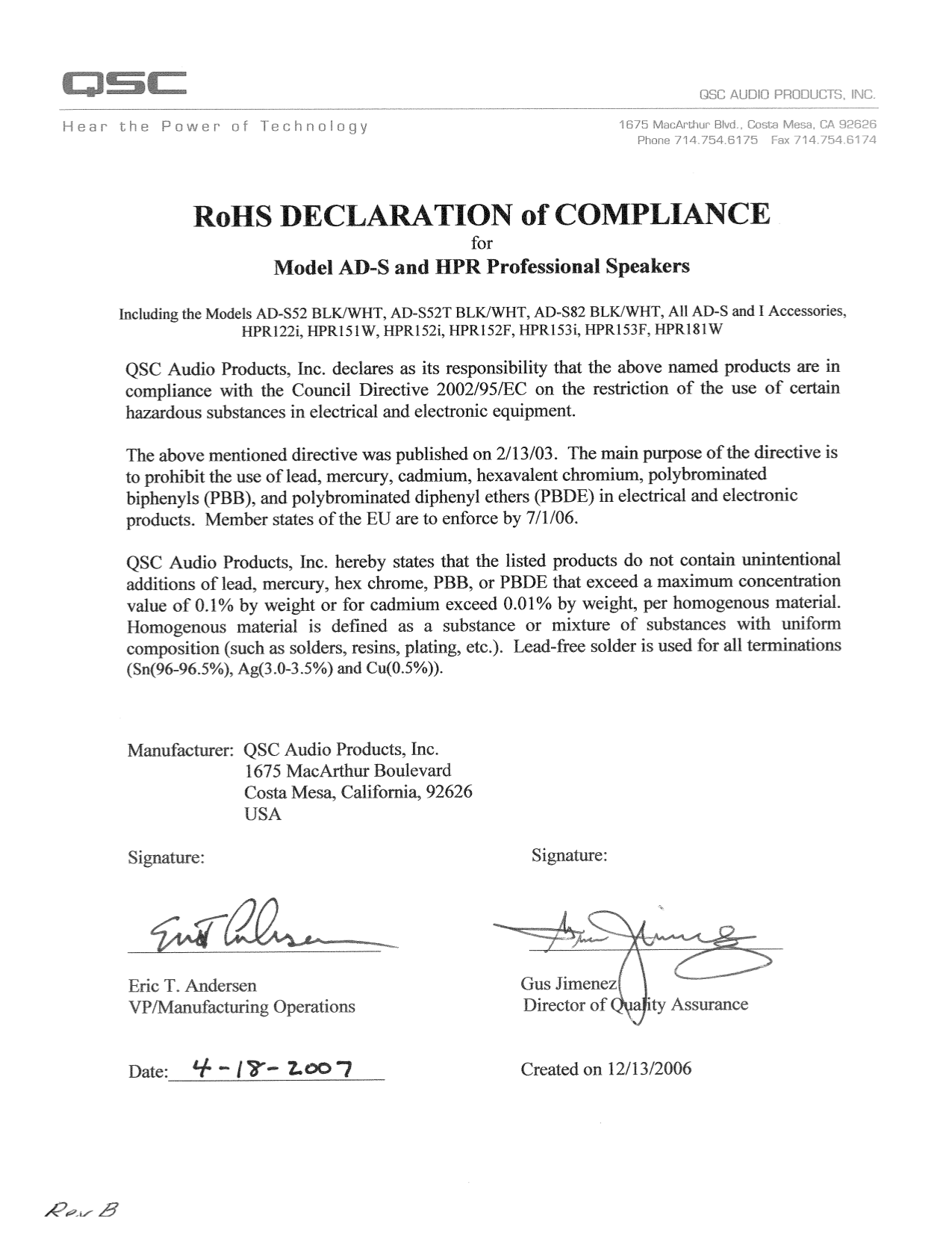 Download free pdf for QSC AD-CI52ST Speaker manual