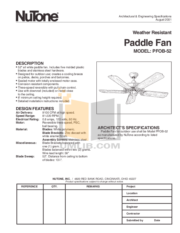 Pdf Manual For Broan Nutone Other Pfob 52 Ceiling Fans