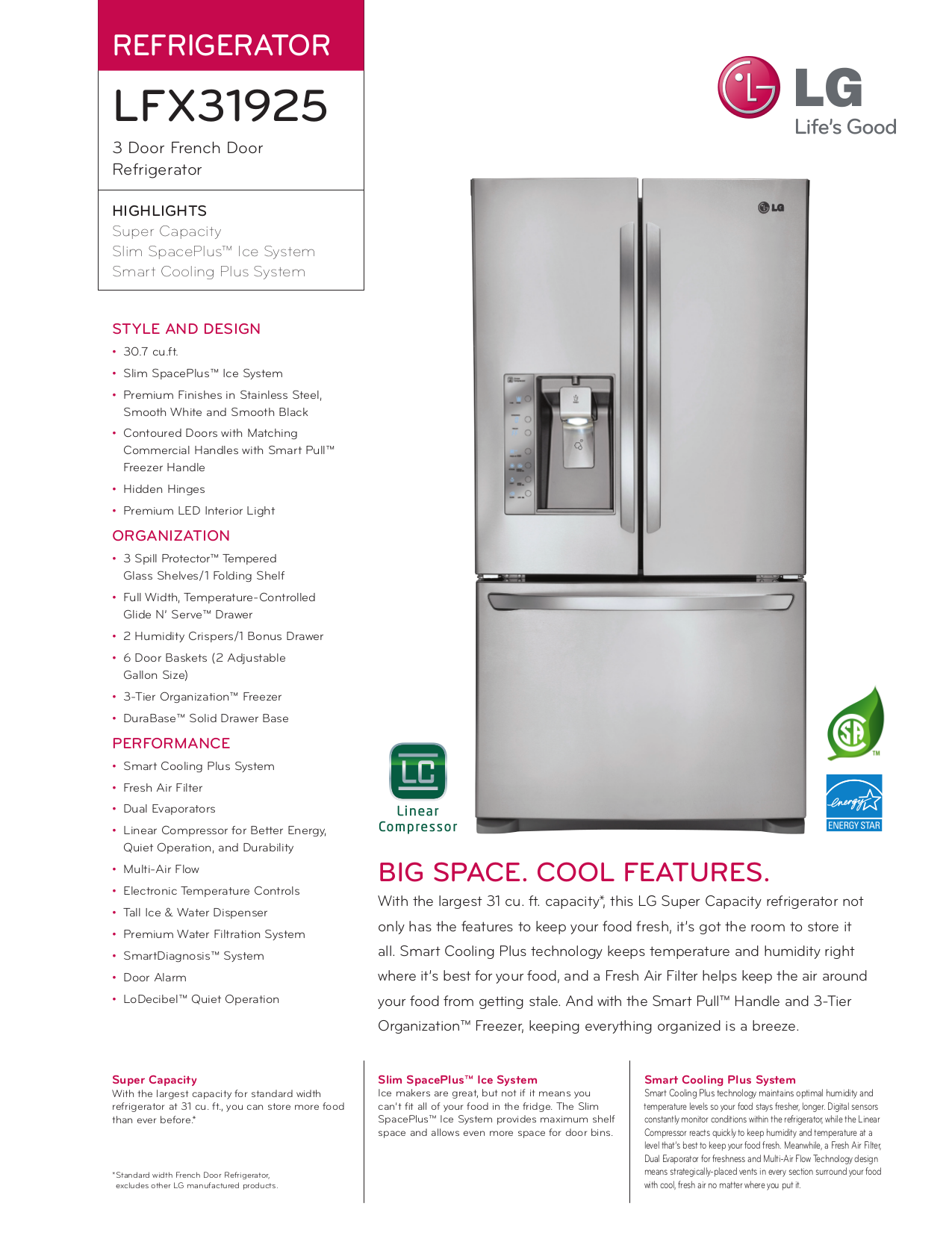 refrigerator spec sheet. download free pdf for lg lfx31925 refrigerator manual .