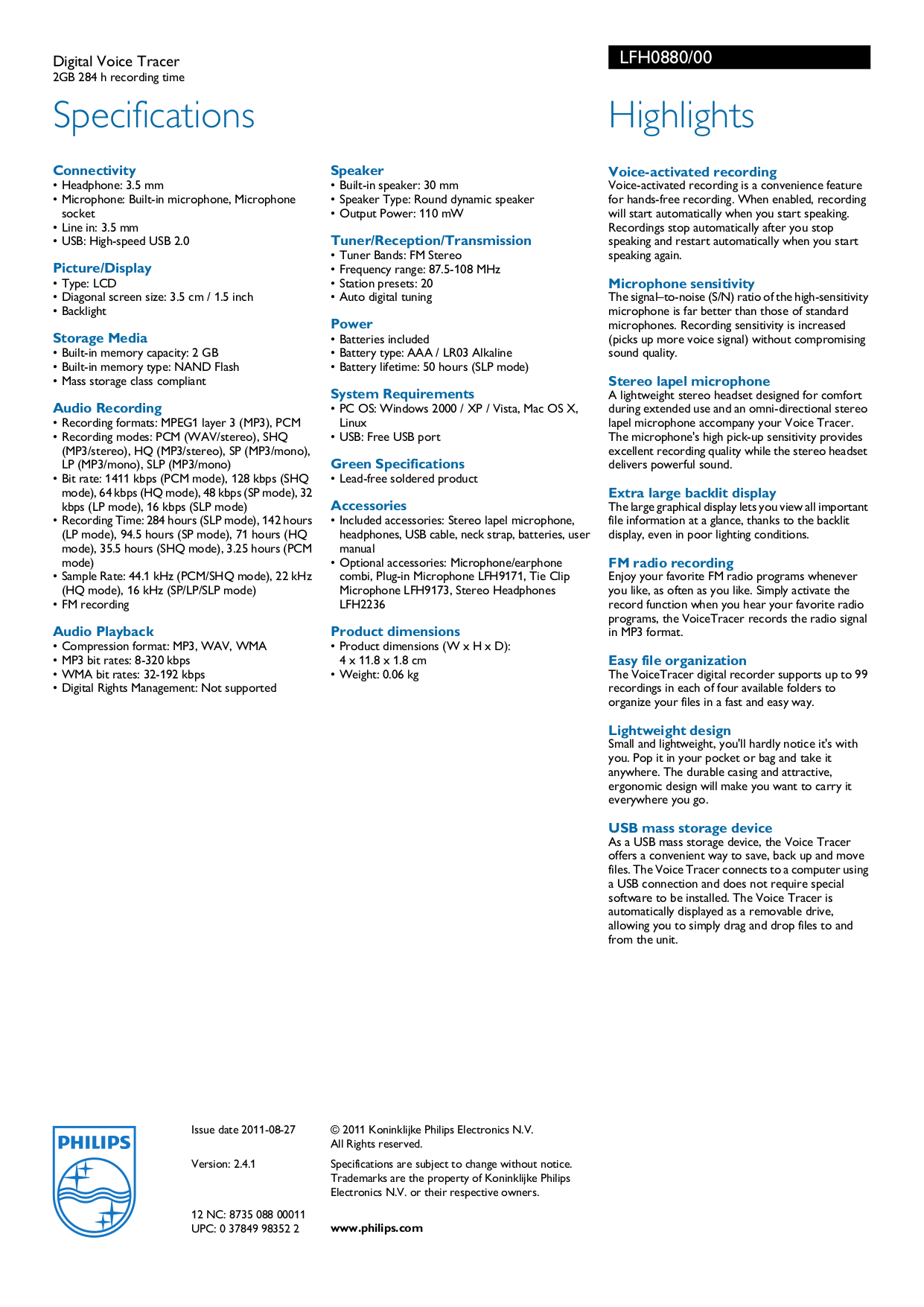 PDF manual for Philips Voice Recorder LFH0880