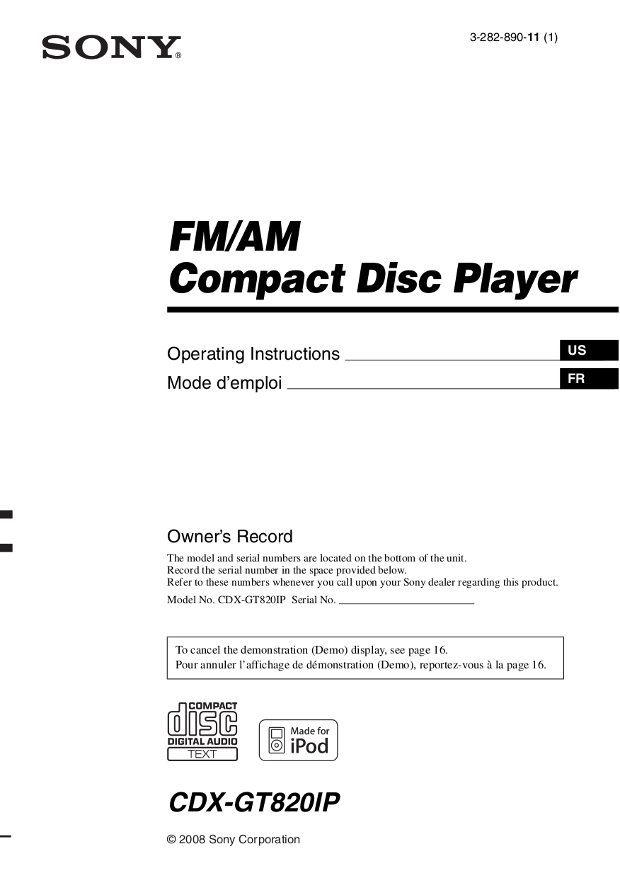 pdf for Sony Car Receiver CDX-GT820IP manual