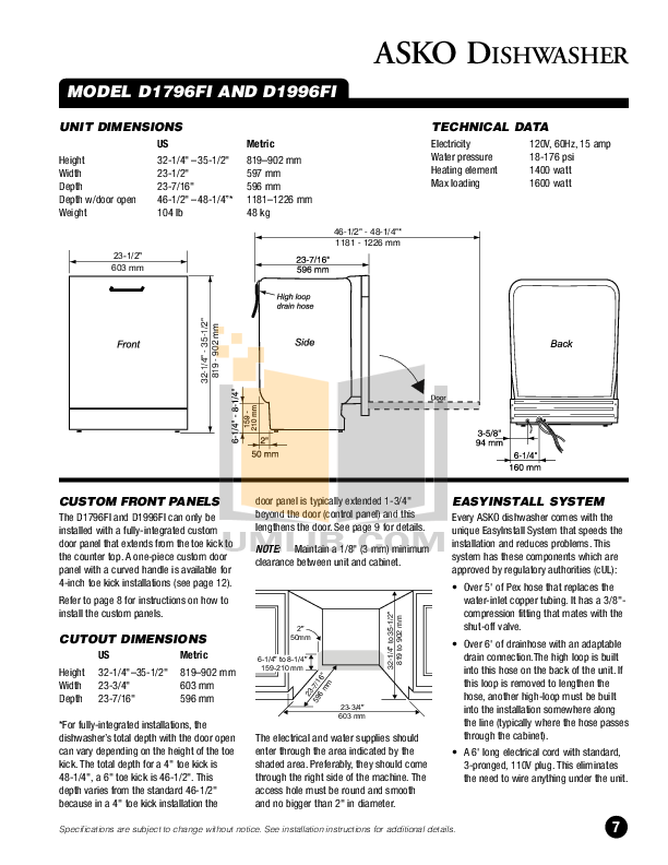 PDF manual for Asko Dishwasher D1706