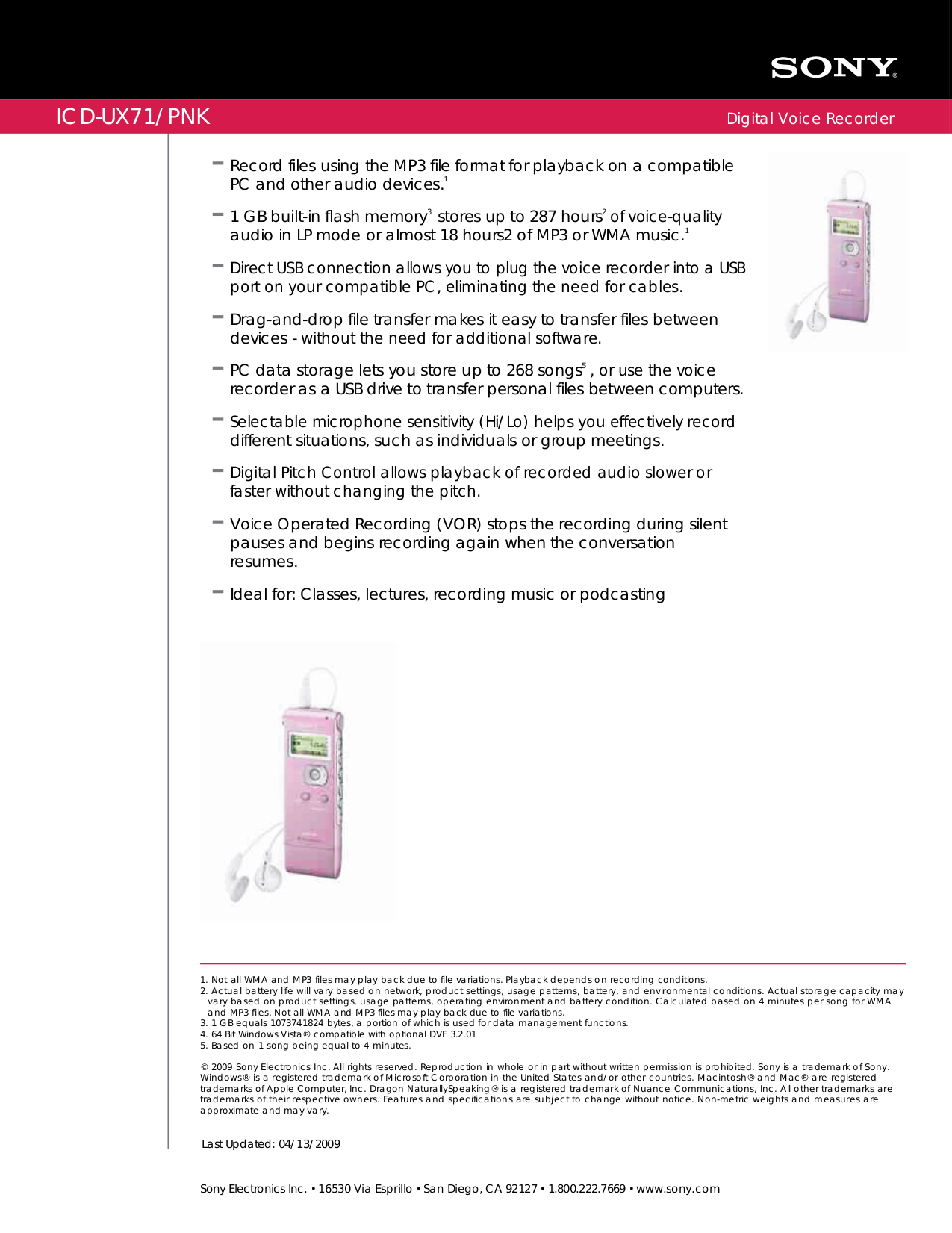 pdf for Sony Voice Recorder ICD-UX71 manual