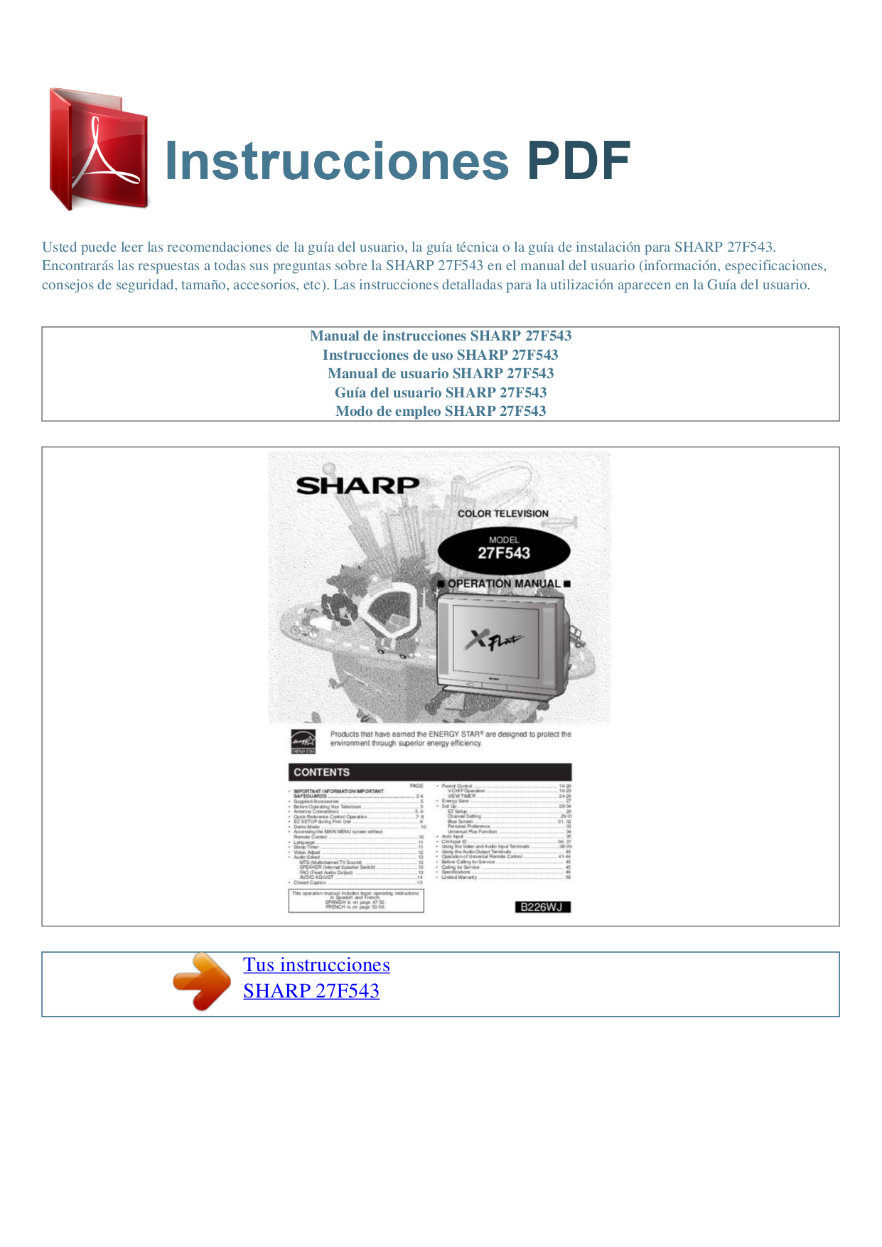 pdf for Sharp TV 27F543 manual