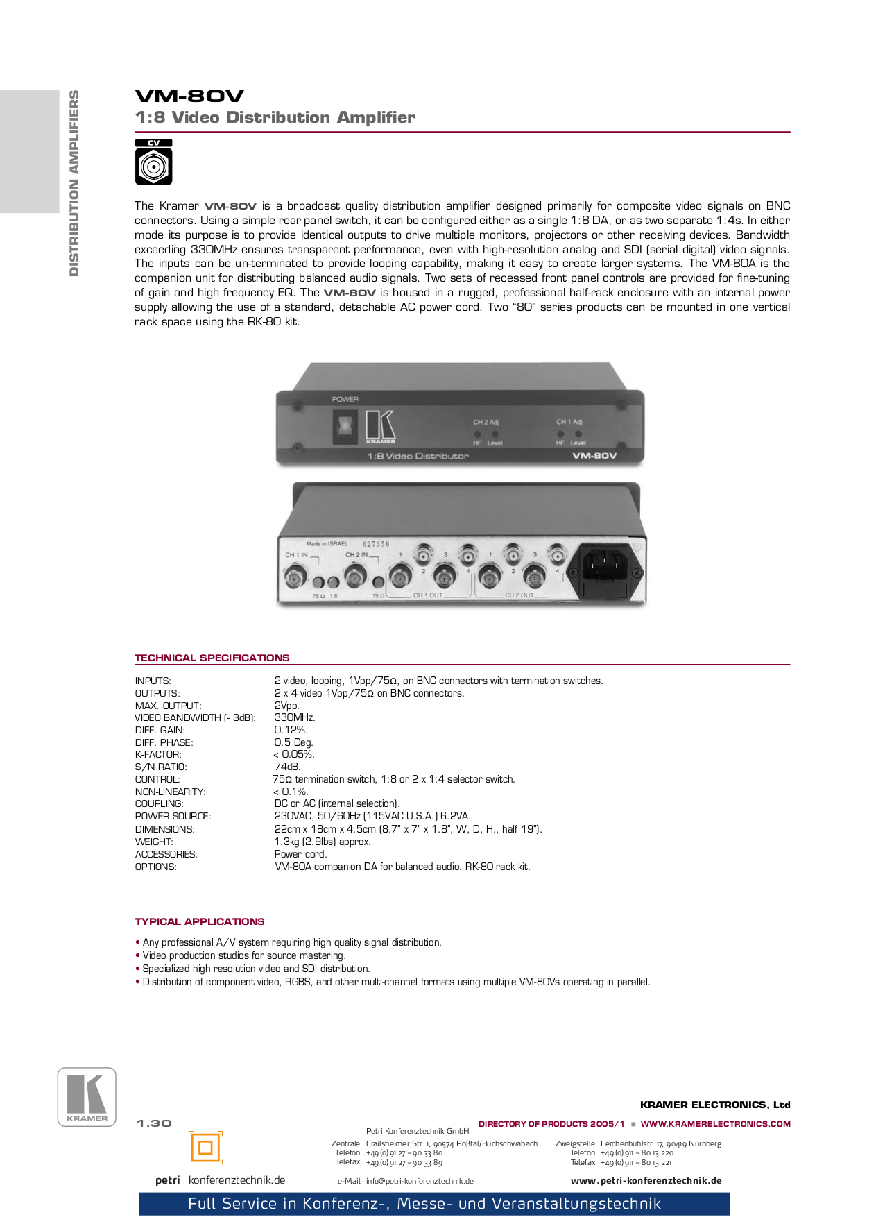 pdf for Kramer Other VM-80V Distribution Amplifiers manual