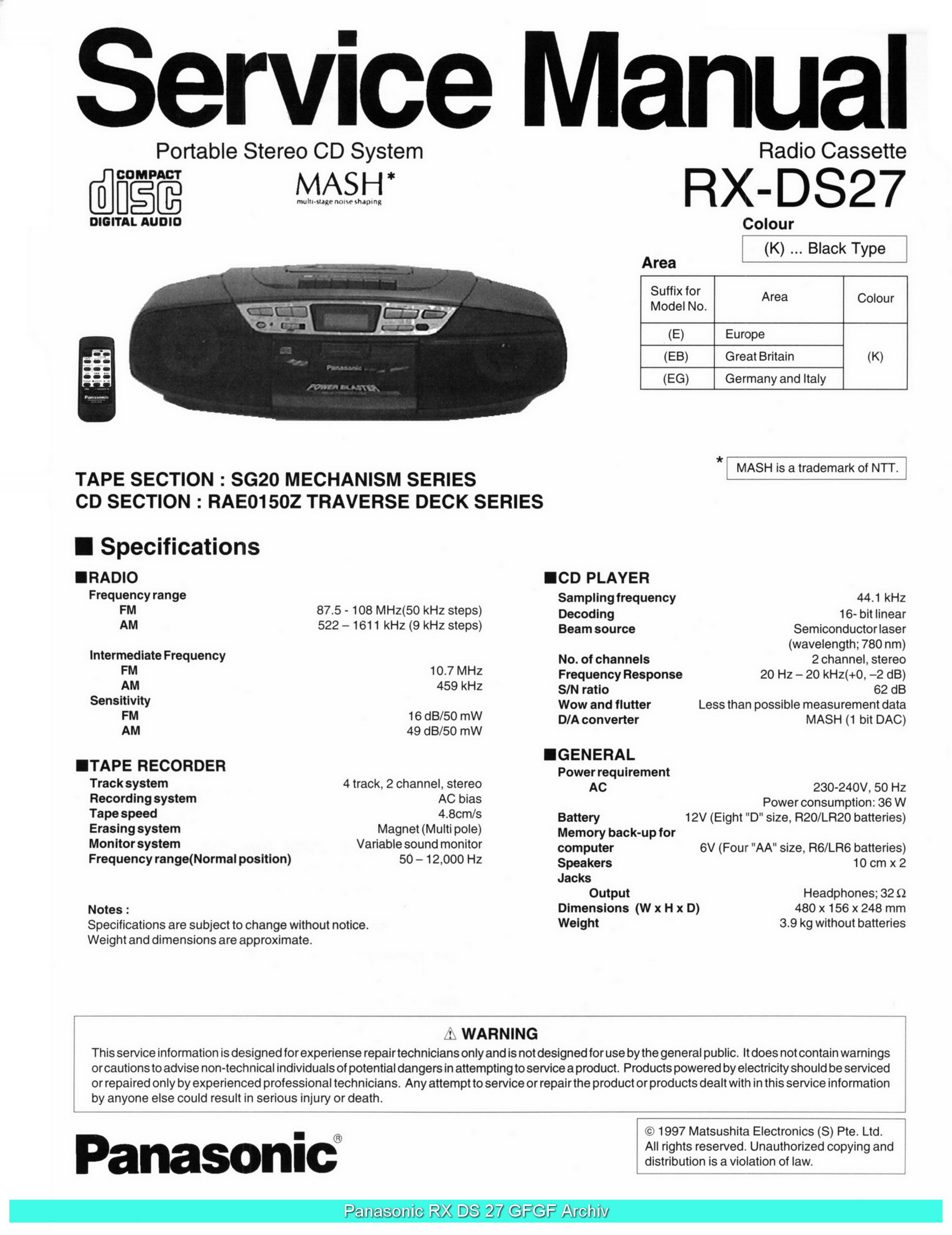Download free pdf for Panasonic RXDS27 CD Player manual